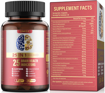 UIMISX Brain Supplement for Mental Alertness, Memory, Focus & Energy, Alpha GPC, Huperzine-A, L-Tyrosine, Phosphatidylserine, Vitamins B6 B12, High Absorption, 90 Capsules UIMISXAu supplements