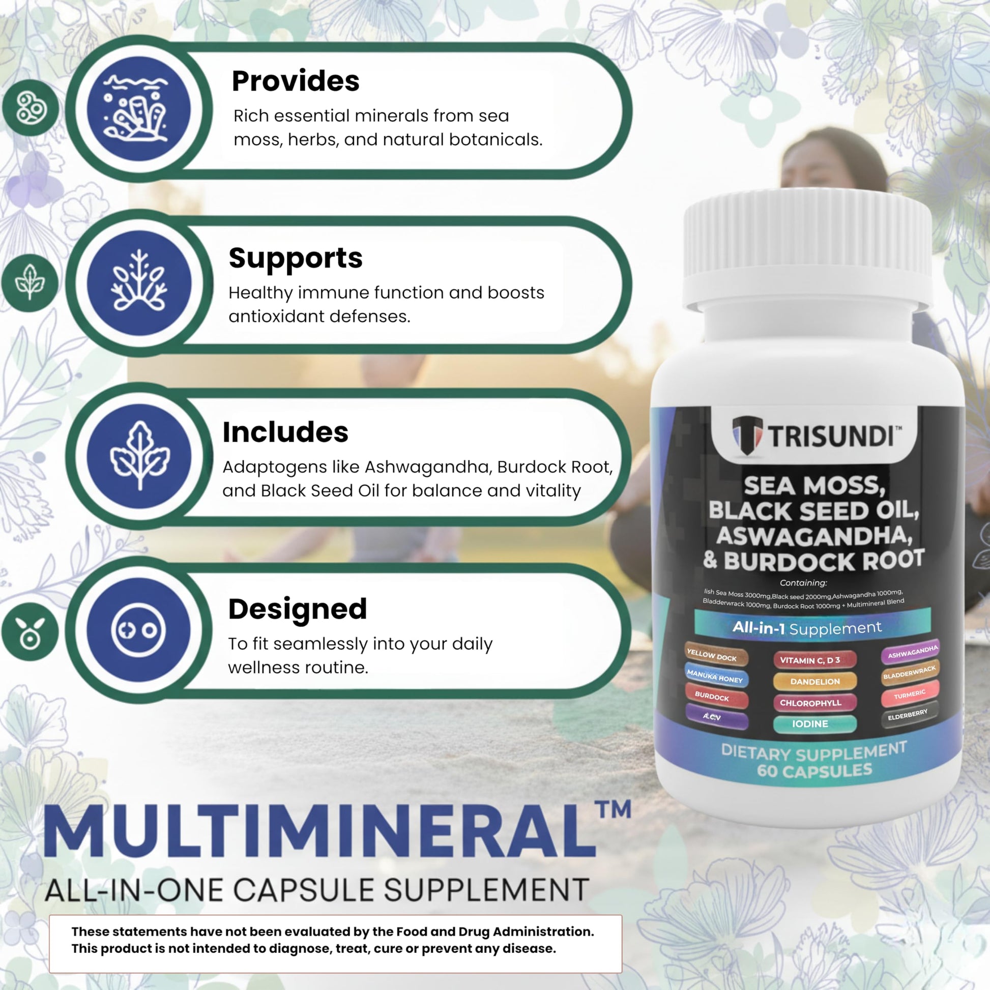 Trisundi Sea Moss Complex with Black Seed Oil, Ashwagandha & Burdock Root – All-in-One Herbal Supplement with Vitamins & Minerals – 60 Capsules TrisundiAu supplements