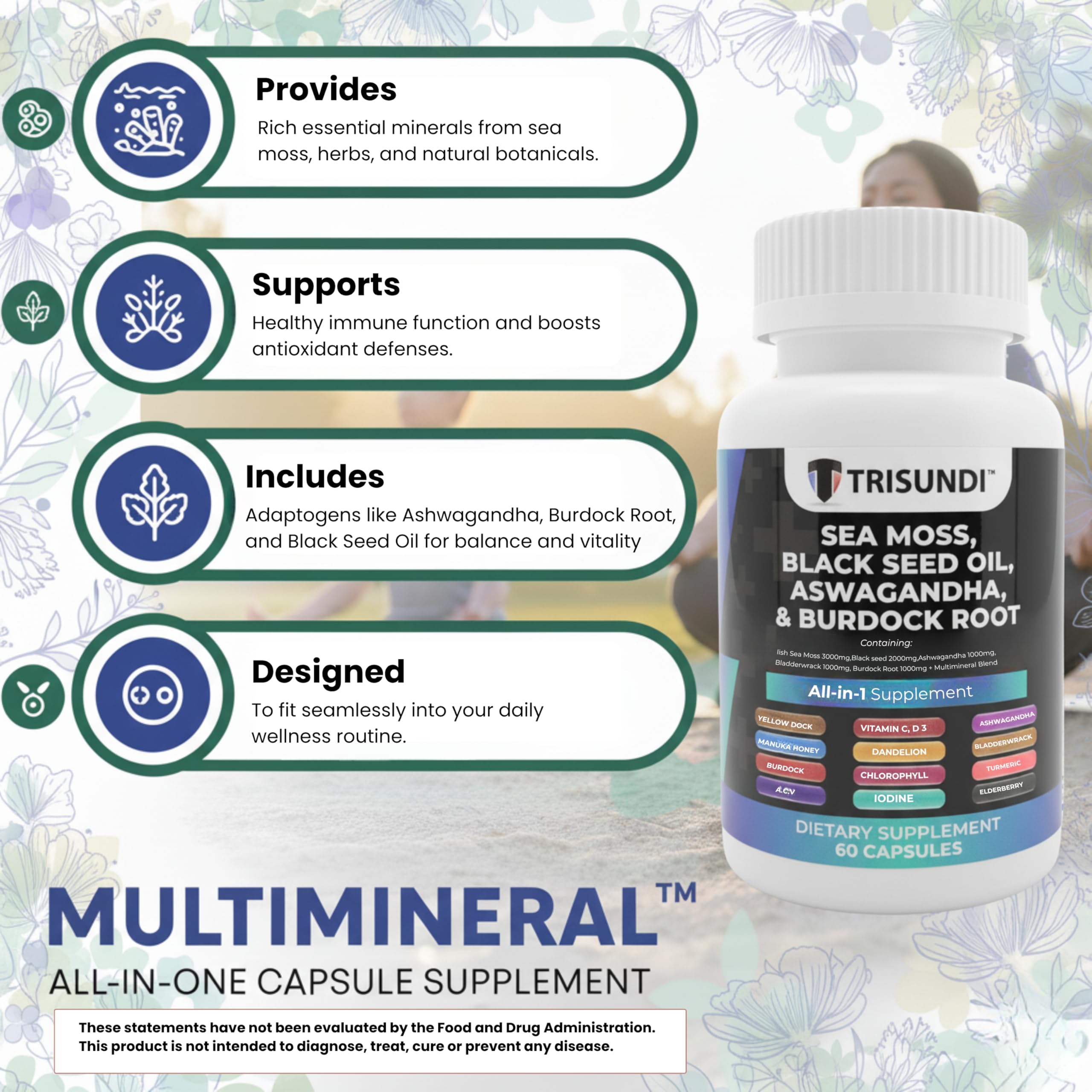 Trisundi Sea Moss Complex with Black Seed Oil, Ashwagandha & Burdock Root – All-in-One Herbal Supplement with Vitamins & Minerals – 60 Capsules TrisundiAu supplements