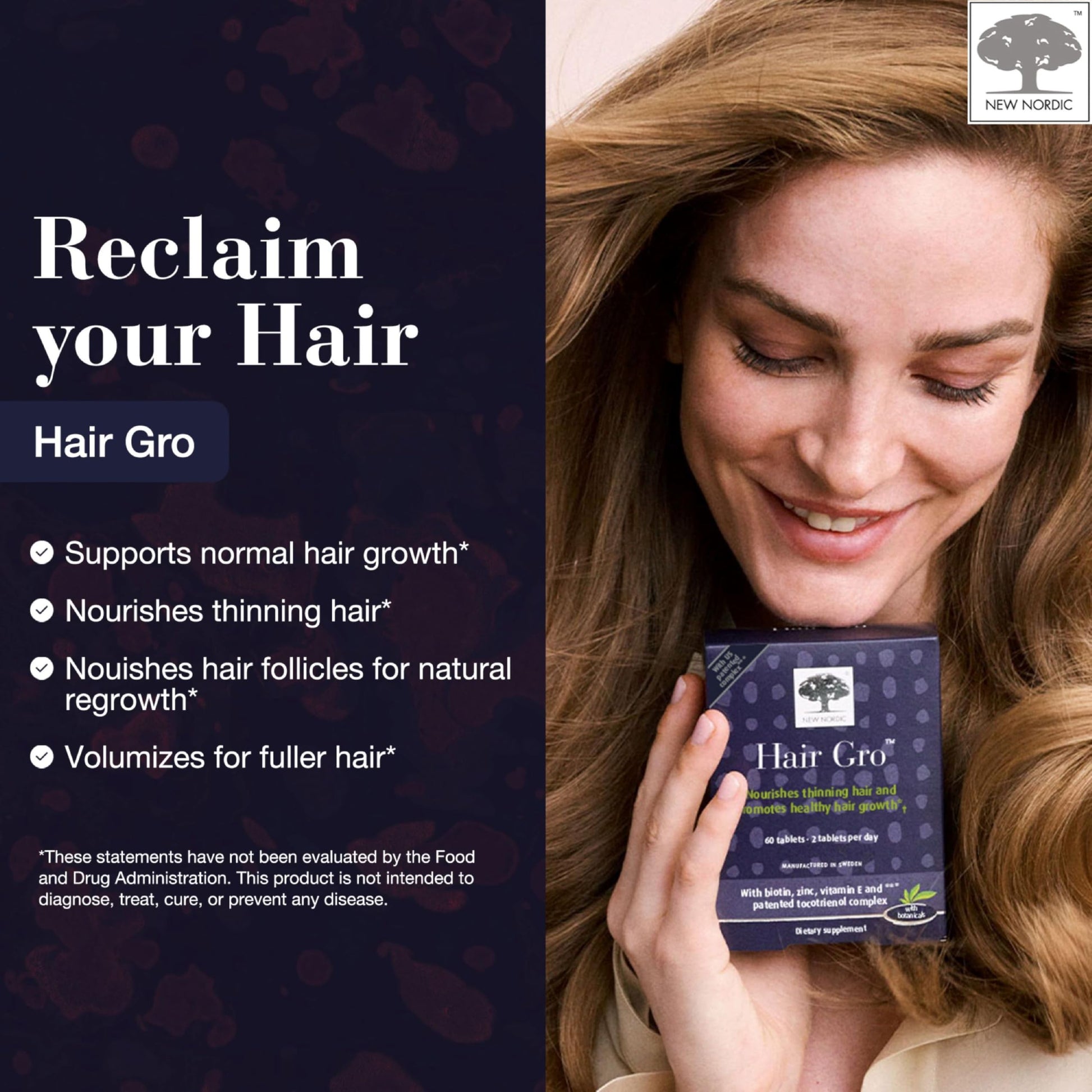 NEW NORDIC Hair GRO, Hair Growth Supplement, Biotin & Palm Fruit Extract Tocotrienols for Natural Regrowth, 60 Count (Pack of 3) NEW NORDICAu supplements