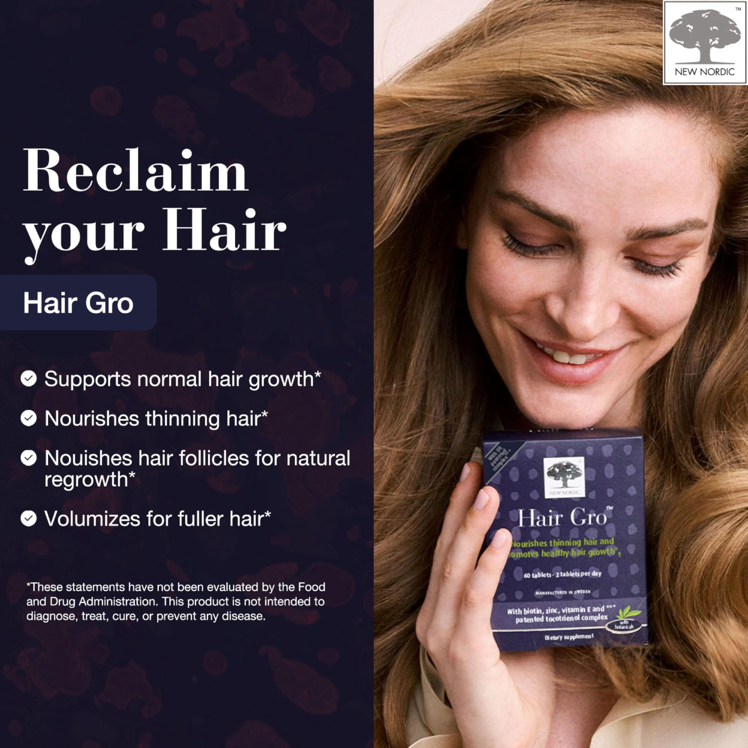 NEW NORDIC Hair GRO, Hair Growth Supplement, Biotin & Palm Fruit Extract Tocotrienols for Natural Regrowth, 60 Count (Pack of 3) NEW NORDICAu supplements