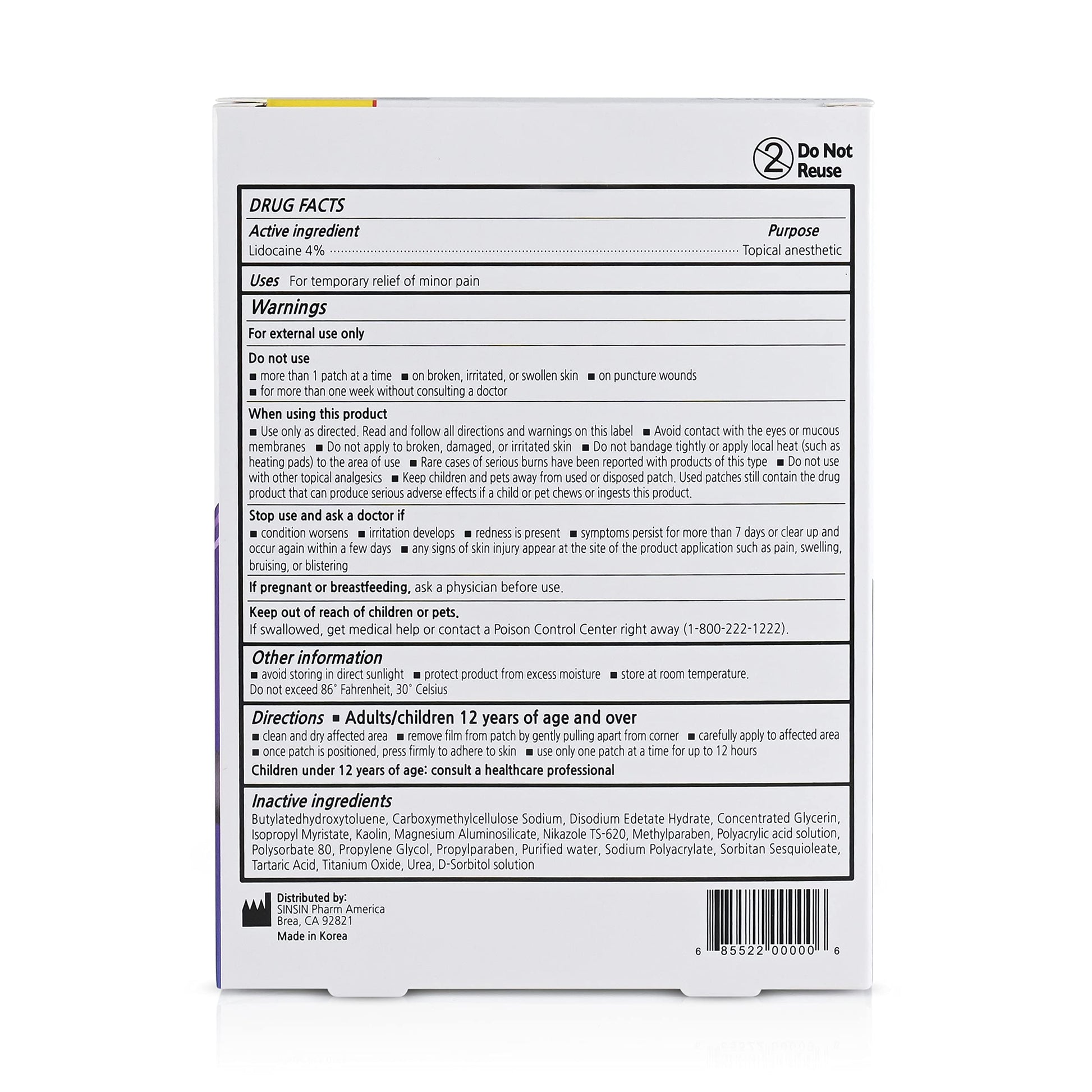 SINSINPAS Lidocaine 4% Pain Relieving Patch (1 Pack (5 Patches Total)) SINSINPASAu supplements