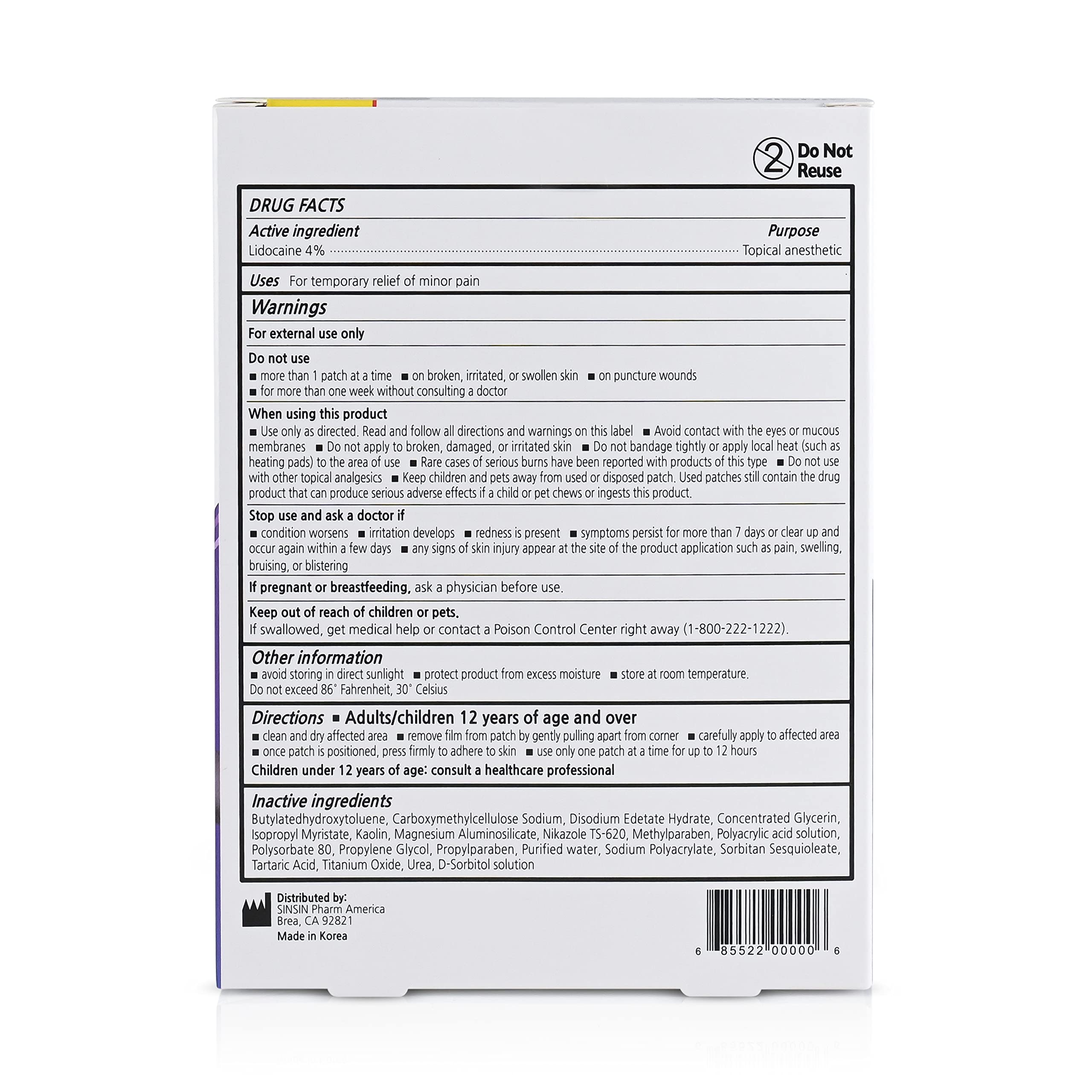 SINSINPAS Lidocaine 4% Pain Relieving Patch (1 Pack (5 Patches Total)) SINSINPASAu supplements