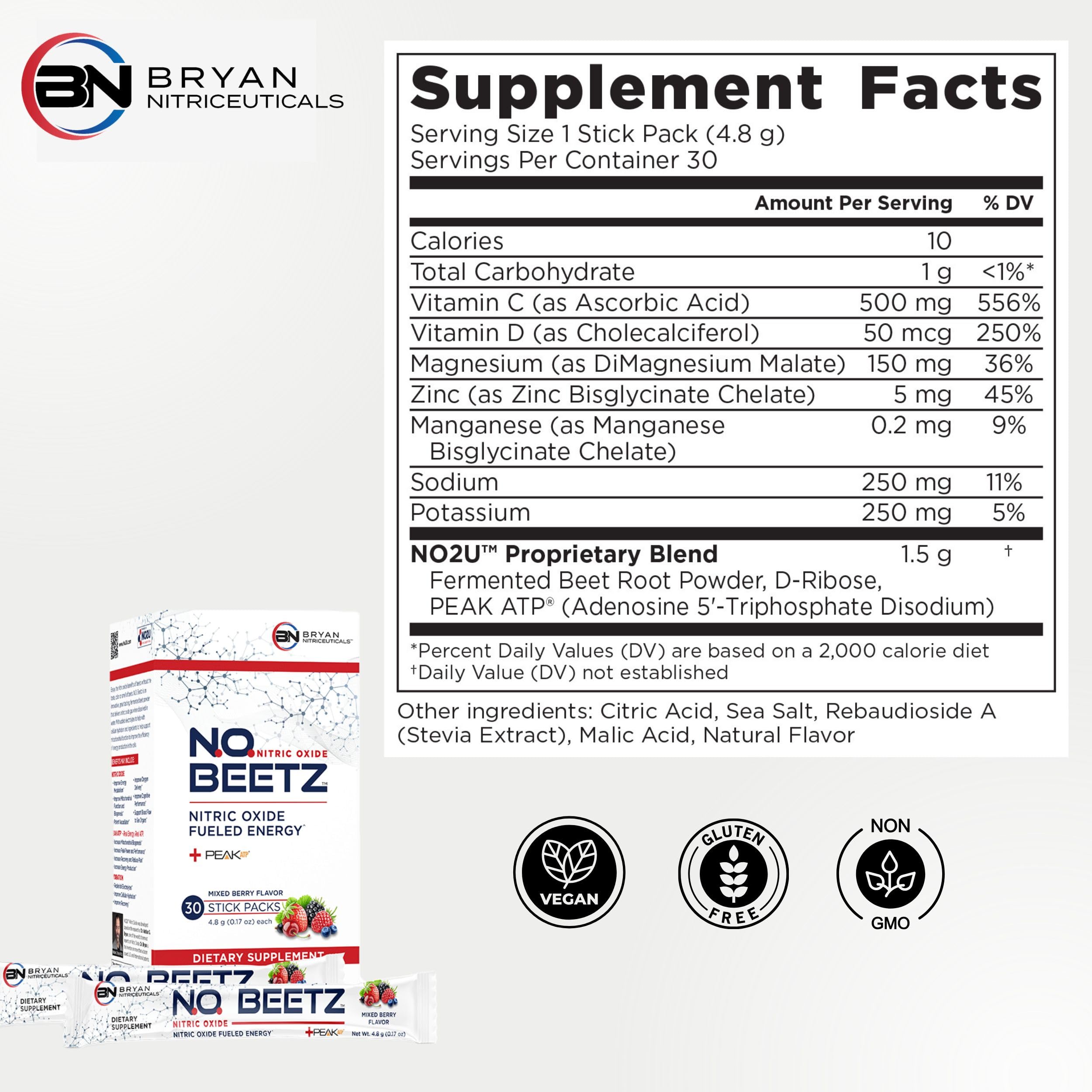 Bryan Nitriceuticals N.O. Beetz Nitric Oxide Fueled Energy Boost Supplement, Hydration & Cellular Energy Production Enhancer, Blend of Vitamins and Minerals (30 Servings) Bryan NitriceuticalsAu supplements