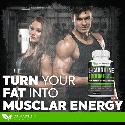 DR. MARTIN'S NUTRITION Extra Strength L-Carnitine - 200 Capsules - 1000mg Per Serving - Boost Your Metabolism and Increase Performance DR. MARTIN'S NUTRITIONUS supplements