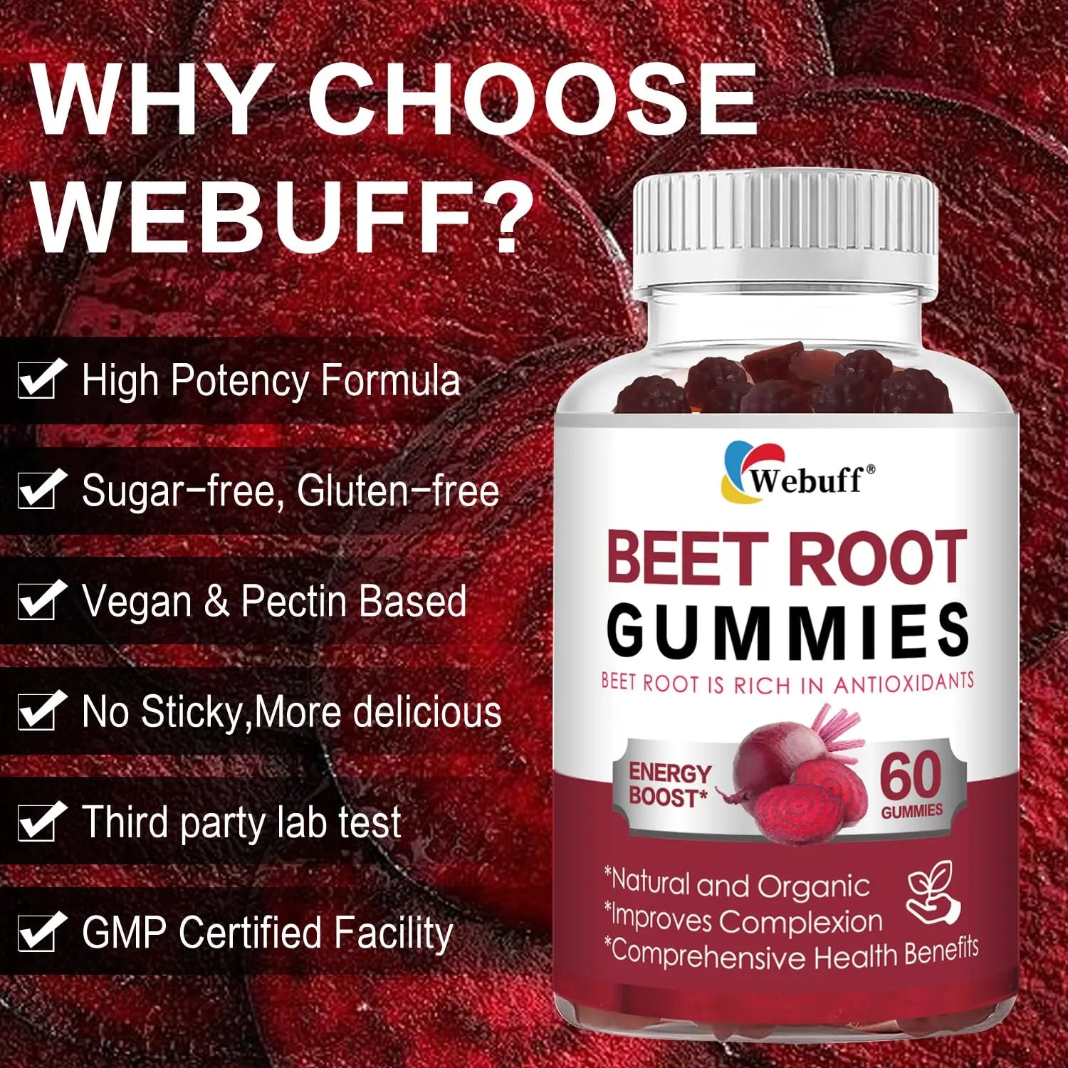 Webuff Beet Root Gummies - Nitric Oxide Booster with Organic Beet, Pomegranate & Grape Seed, Vitamin B12 - Energy, Circulation & Heart Health Support, Vegan, Non-GMO, 60 Count (Pack of 1) Webuffnz supplements