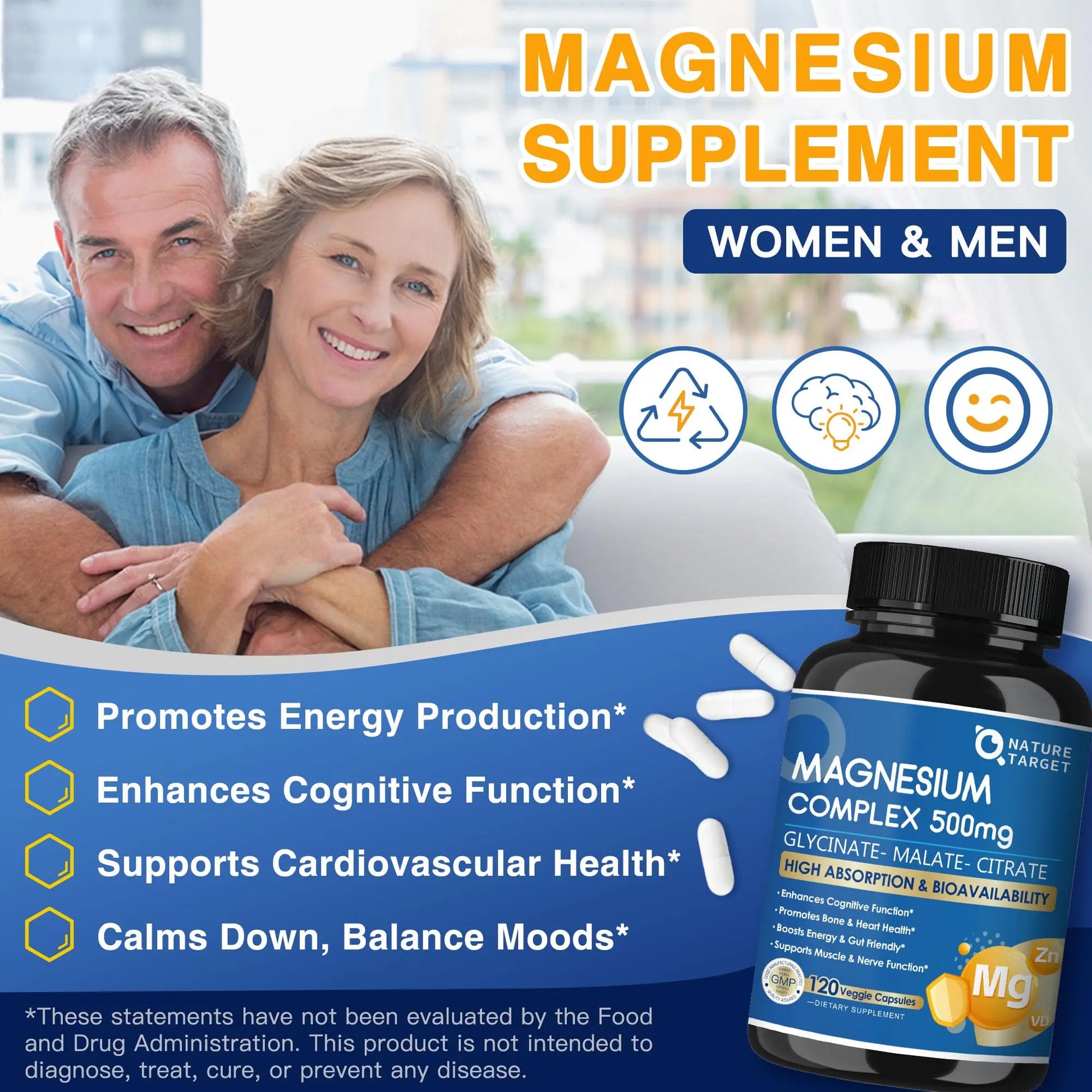 Magnesium Complex 500mg, Magnesium Glycinate, Malate & Citrate - High Absorption Chelated Triple Magnesium Supplement with Zinc, Vitamin D3 for Muscle, Nerve, Bone & Immune Support, Vegan 120 Capsules NATURE TARGETnz supplements