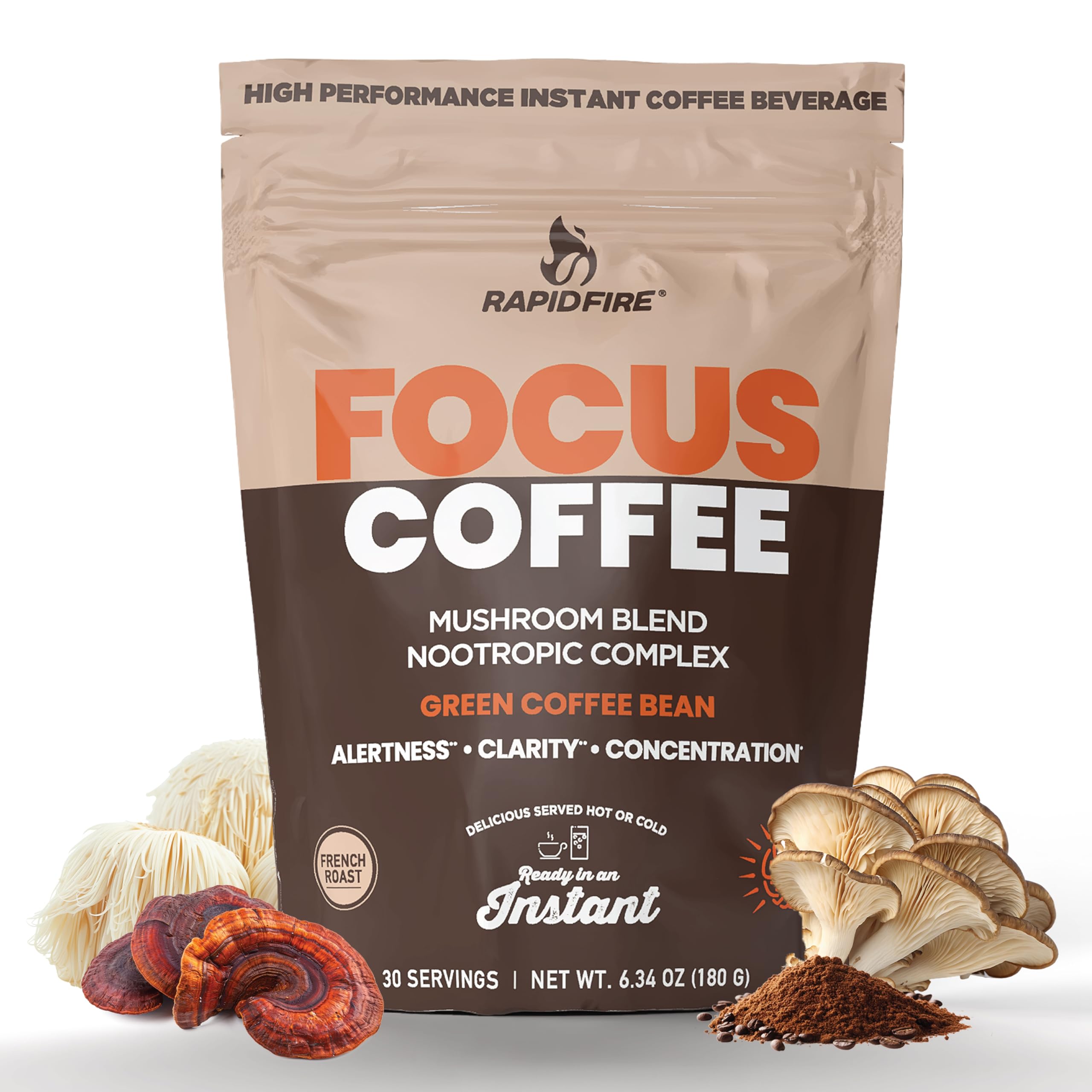 Focus Coffee Mushroom Blend, Nootropic Complex Coffee, Supports Alertness and Clarity, (Lion’s Mane, Cordyceps, Turkey Tail) Green Coffee Bean Instant Coffee for Focus & Gut Health, 30 Servings Rapid FireAu supplements