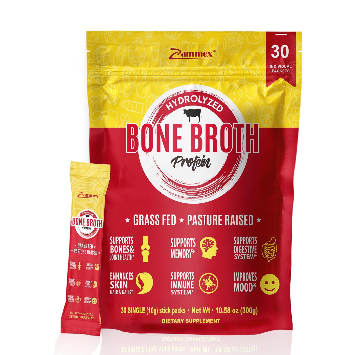 Zammex Bone Broth Packets-20g Collagen Protein-Beef Bone Broth Powder to Go-30 Travel ZammexUS supplements