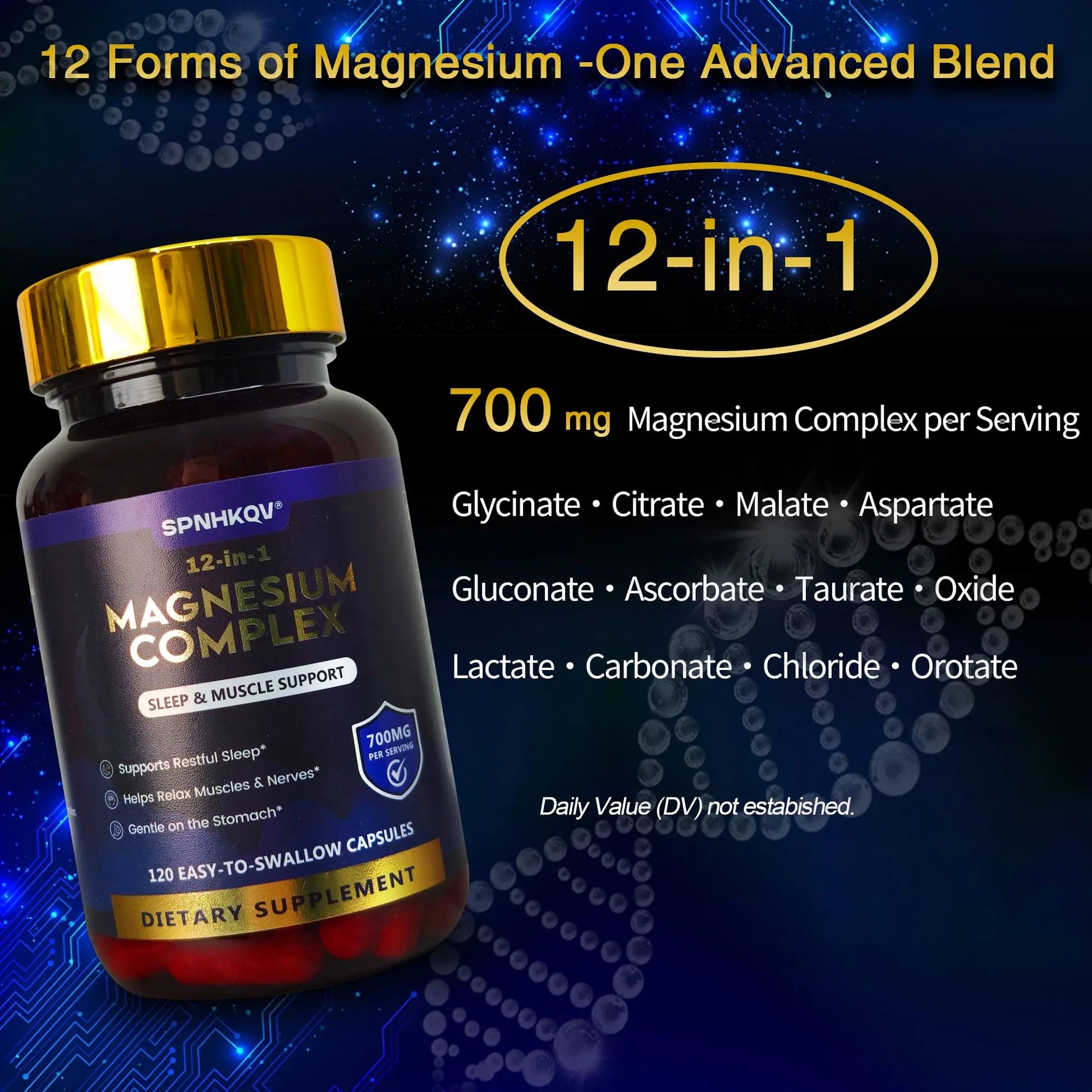 SPNHKQV Magnesium 12-in-1 Complex Supplement – 700mg High Absorption Magnesium Glycinate Capsules for Women & Men – Muscle, Nerve & Sleep Support – 120 Vegan Capsules SPNHKOVnz supplements