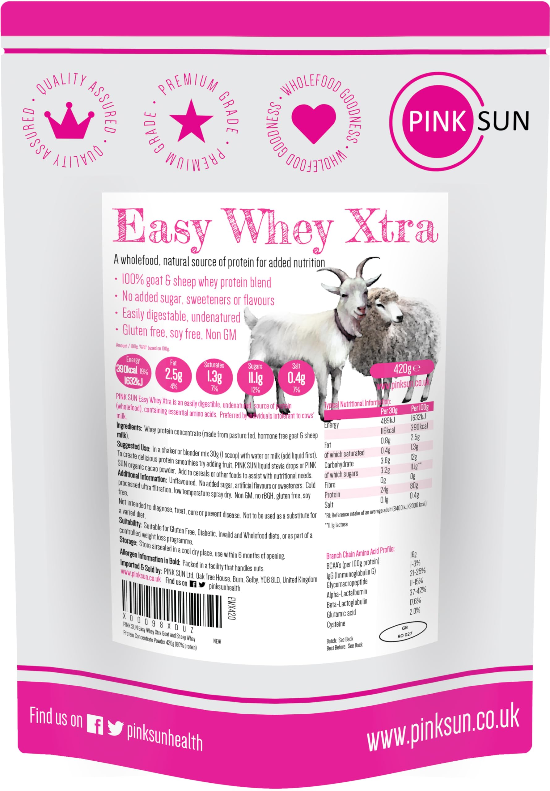 PINK SUN Goat Sheep Whey Protein Powder 420g (80% Protein) Pure Unflavoured Concentrate PINK SUNAu supplements