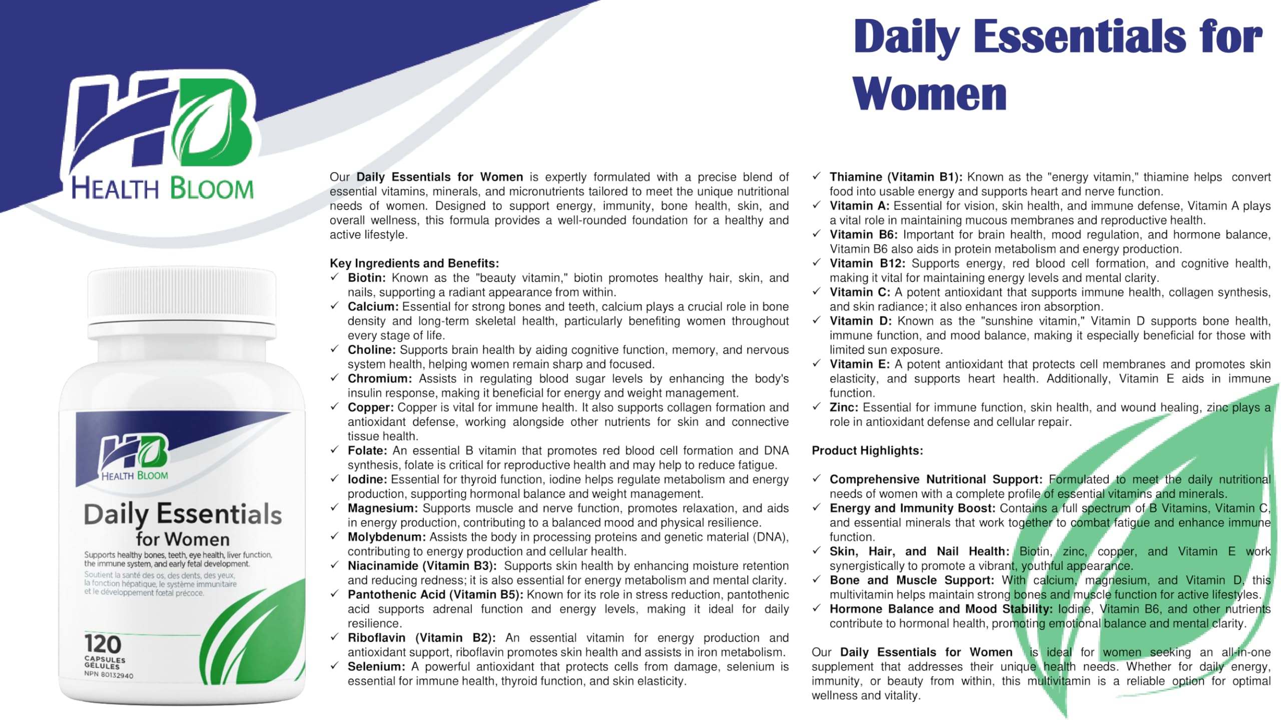 Daily Essentials for Women| 120 Capsules | Health Bloom | Vitamins and Minerals Capsules | Health Bloom Inc.Au supplements