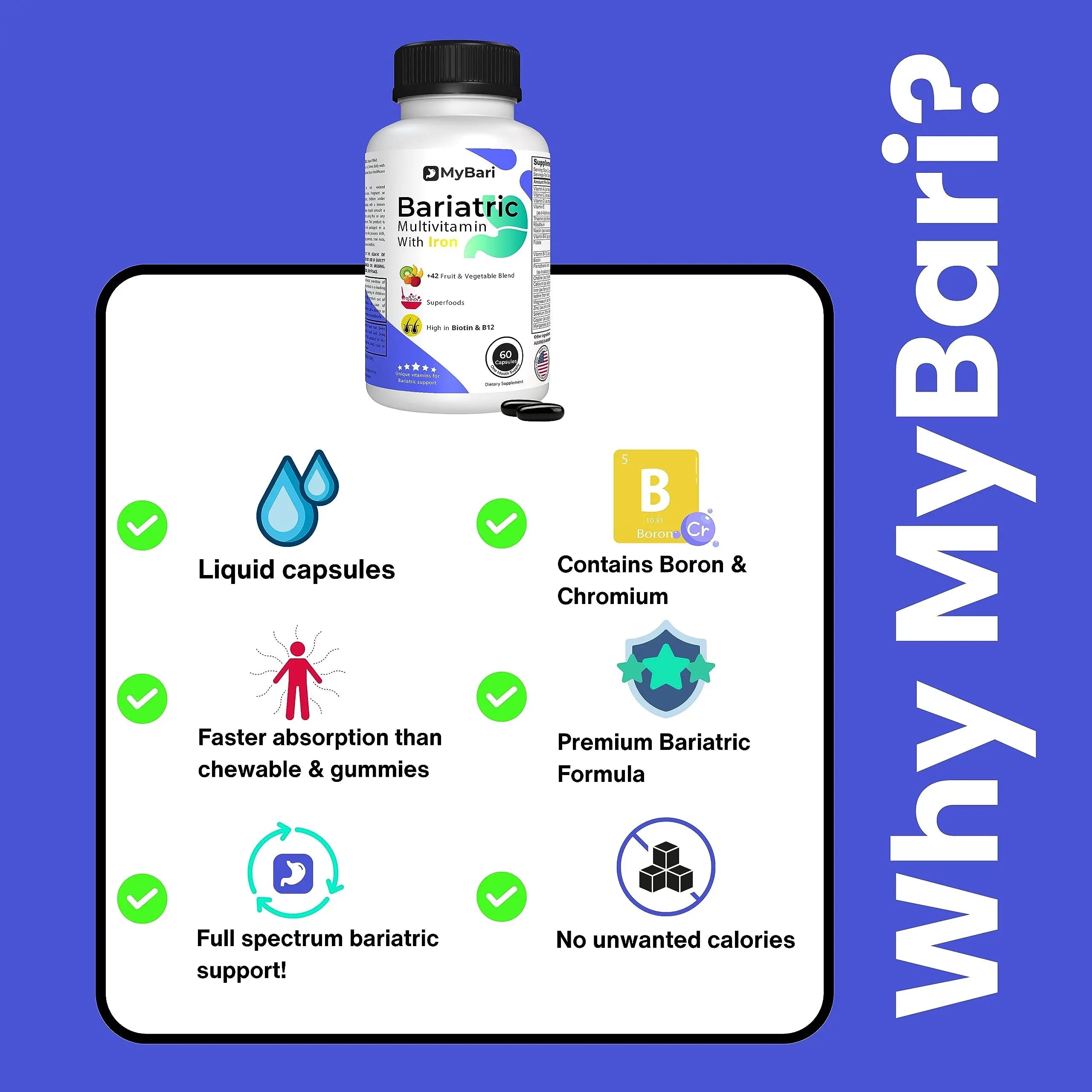 MyBari All-in-One Bariatric Multivitamin with Iron - Made in USA - for Men & Women - Supports Gastric Sleeve & Bypass with 42+ Fruit & Veggie Blend - 60 Liquid Capsules MyBariAu supplements