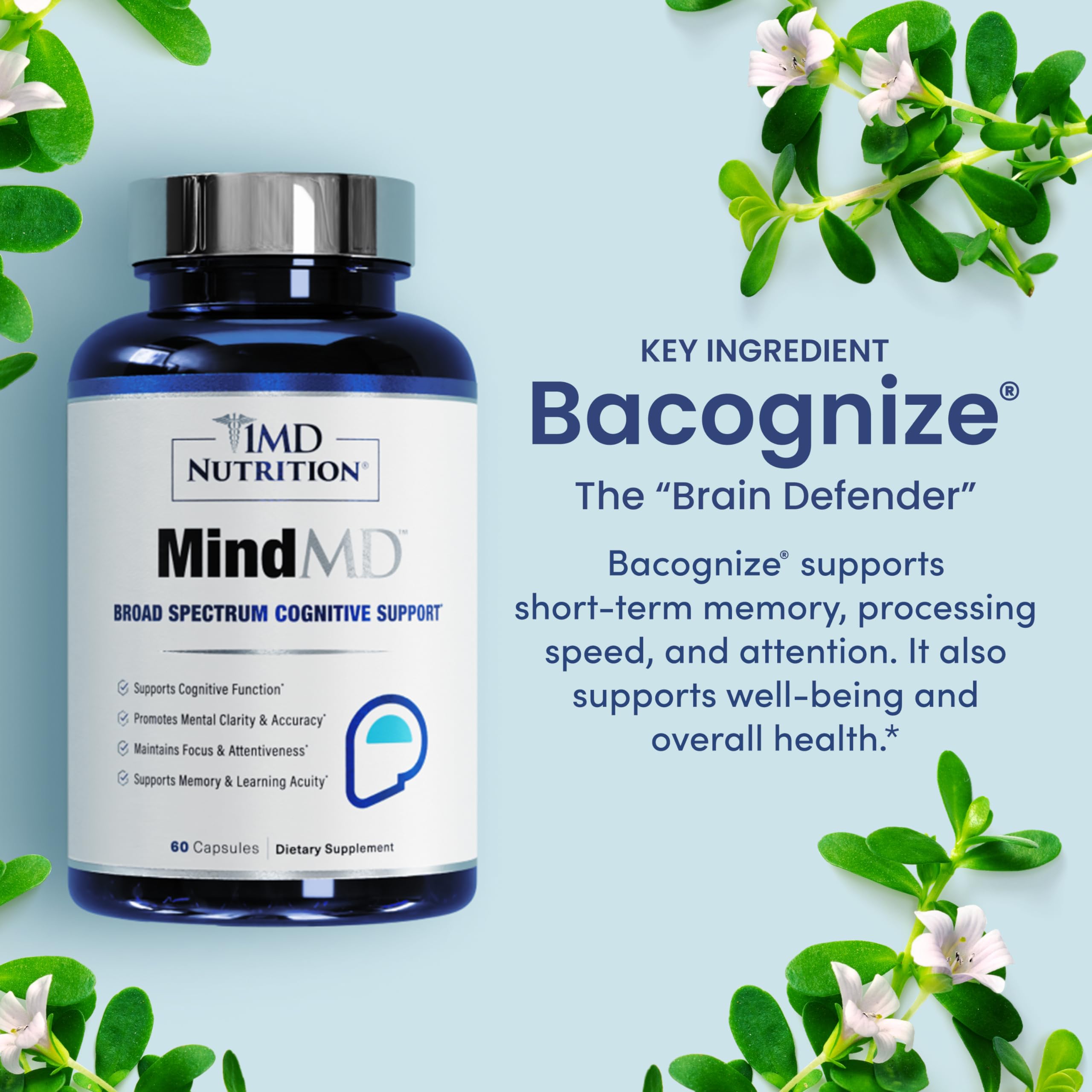 1MD Nutrition MindMD - Brain Supplement for Memory and Focus - Bacopa Monnieri for Nootropic Brain Support - Brain Health Supplement for Adults - with Vitamin B6 & Green Tea Extract - 60 Caps 1MD NutritionAu supplements