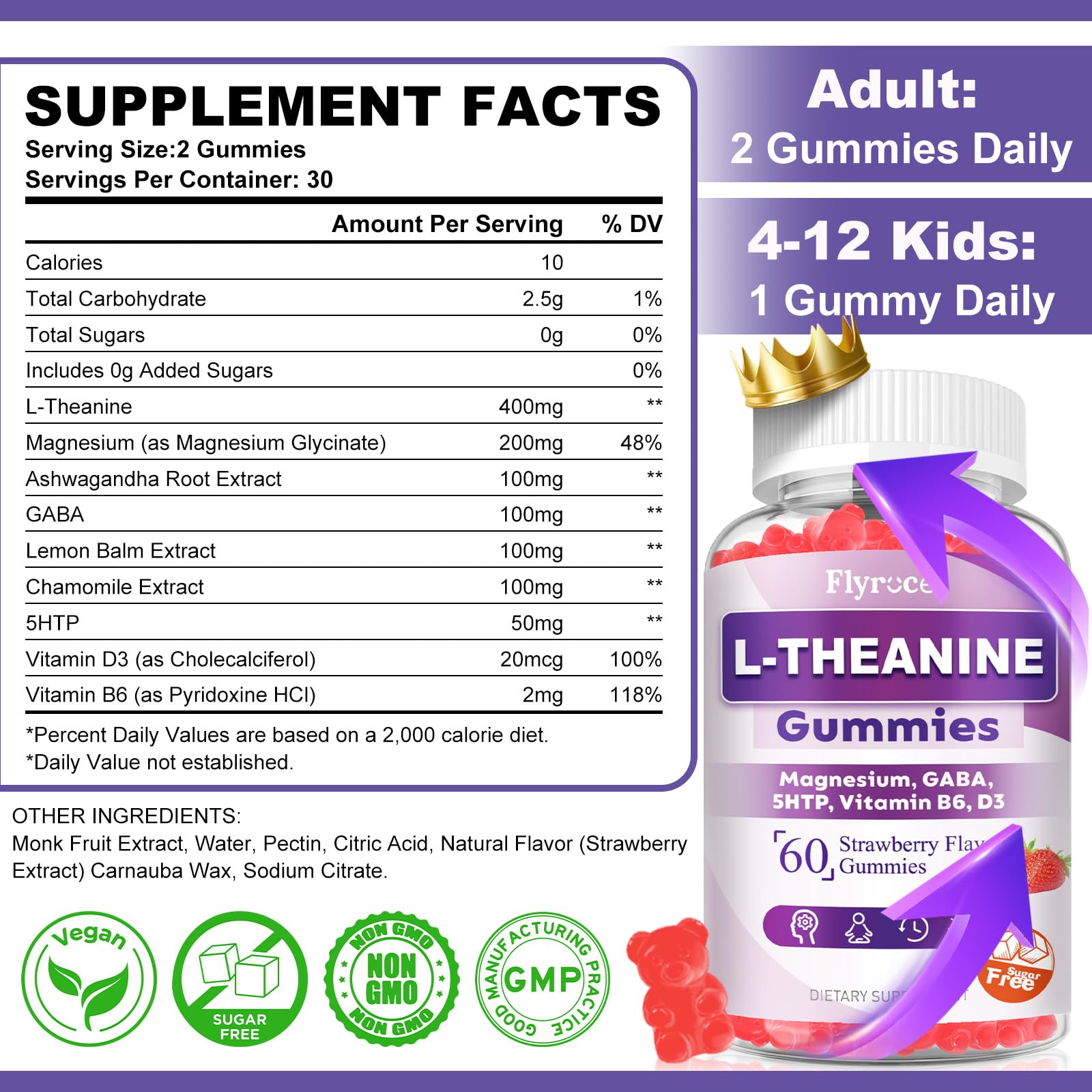 Sugar Free L-Theanine Gummies, L Theanine Supplement for Adults & Kids, L'Theanine with Ashwagandha, Magnesium, 5HTP & GABA - Support Calm, Relax, zzZ, Focus, Vegan Strawberry Flavor, 60 Count FlyrocerAu supplements