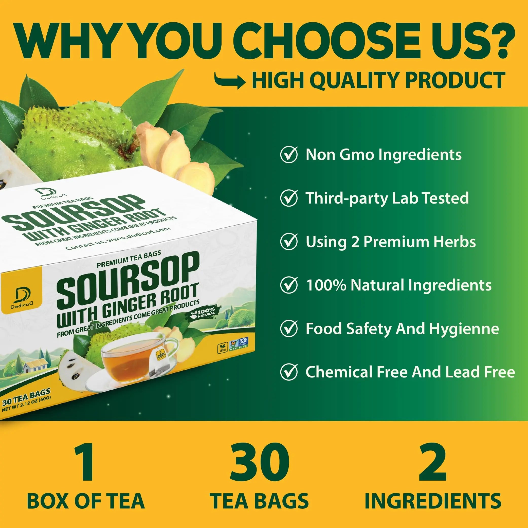 DEDICAD Soursop Leaves Tea Bags with Ginger, 30 Tea bags, 2gr/bag - Non-GMO/Caffeine free - Support Digestion, Well Skin, Immune System DEDICADnz supplements