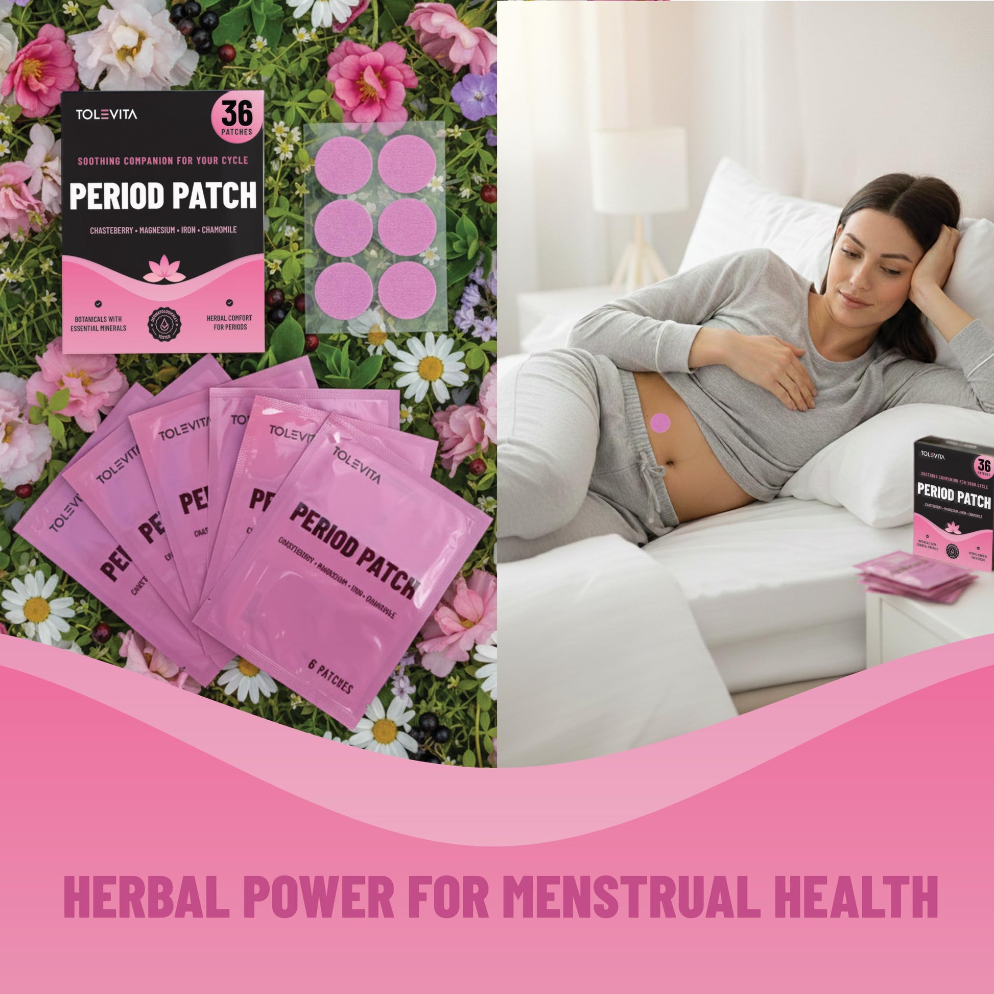 TOLEVITA Period Relief Patches 36 Pcs – Herbal Cramp Support with Chasteberry, Magnesium, Evening Primrose, Dong Quai, Curcumin, Vitamins B6 & E, Iron, Chamomile – Hormonal Balance & Menstrual Comfort TOLEVITAAu supplements