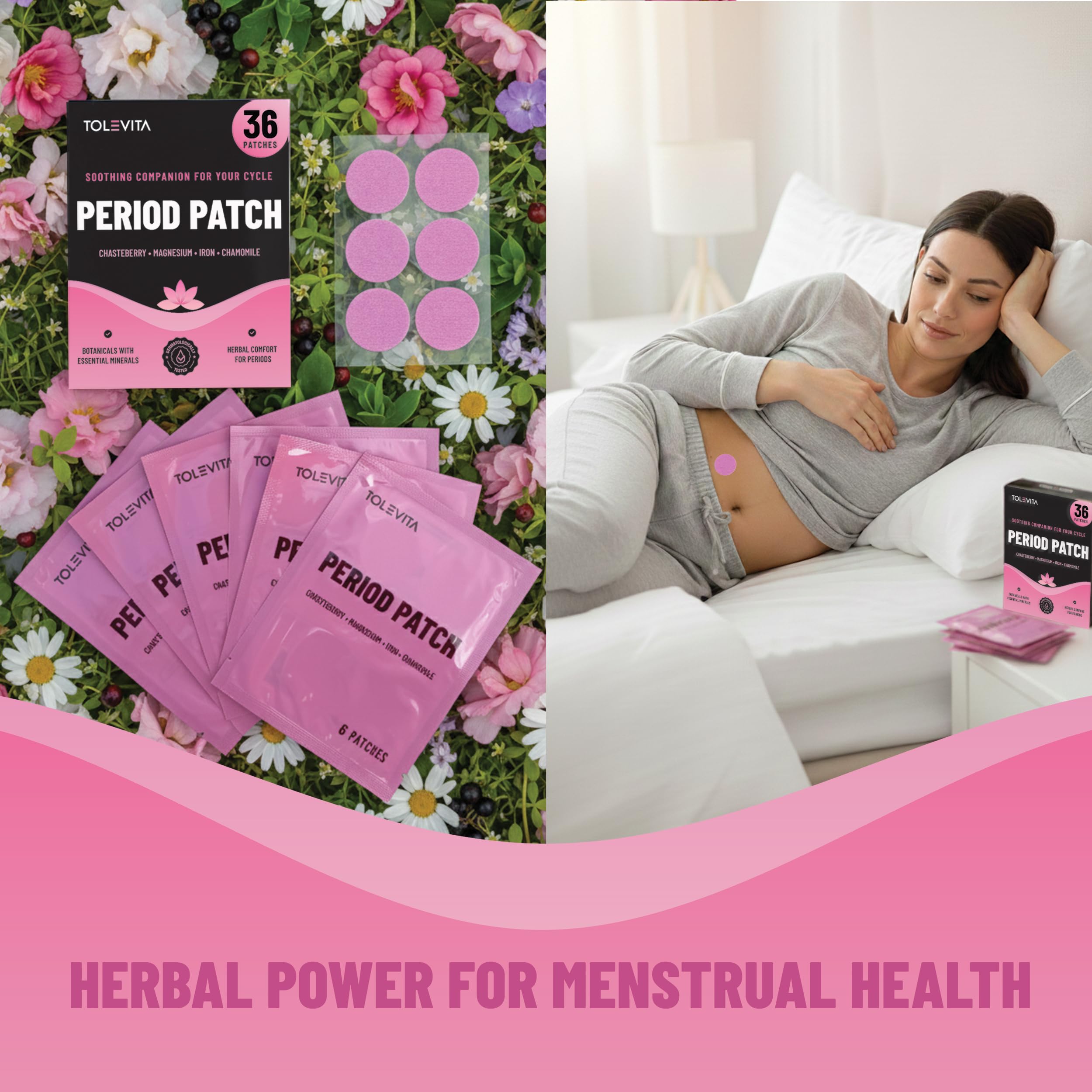 TOLEVITA Period Relief Patches 36 Pcs – Herbal Cramp Support with Chasteberry, Magnesium, Evening Primrose, Dong Quai, Curcumin, Vitamins B6 & E, Iron, Chamomile – Hormonal Balance & Menstrual Comfort TOLEVITAAu supplements