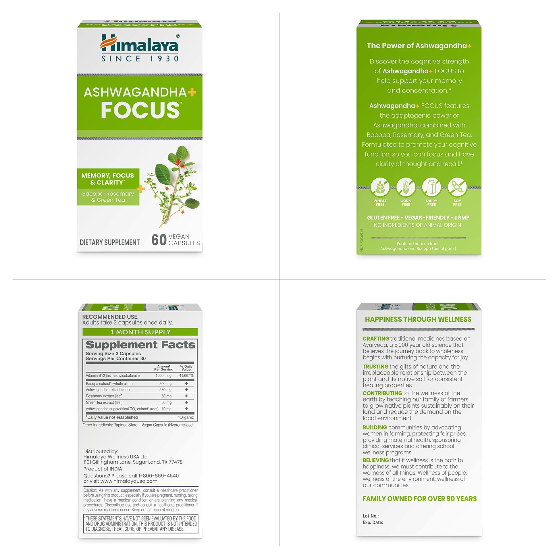 Himalaya Ashwagandha+ Focus - Herbal Focus Supplement with B12, Rosemary, Green Tea, and Bacopa Nootropics for Memory and Clarity - Vegan, Non-GMO, Gluten Free, 1690 mg, 60 Caplets HimalayaAu supplements