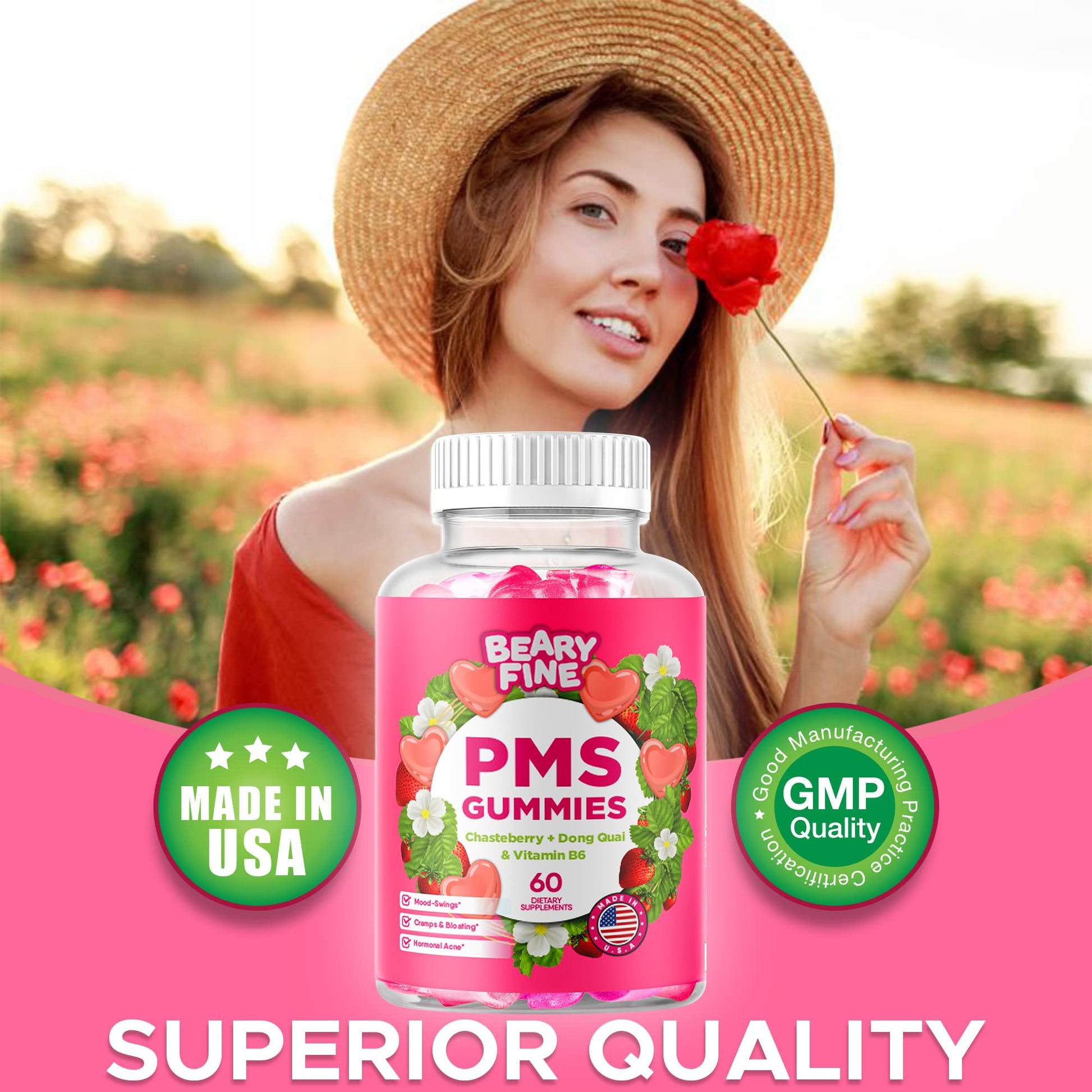 Beary Fine PMS Gummies - PMS Vitamins for Women & Teens - PMS Period Relief - Cramping, Bloating, Mood Swings - Made in The USA (Strawberry, 60 Count) Beary FineAu supplements