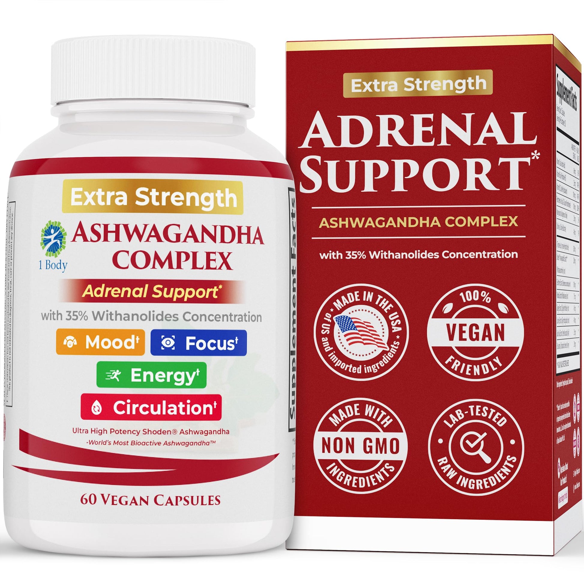 Ashwagandha Complex Adrenal Support Supplement for Stress Relief, Cortisol Balance, Energy & Focus, Mood Support, 35% Withanolides, 60 Vegan Capsules 1 BodyAu supplements