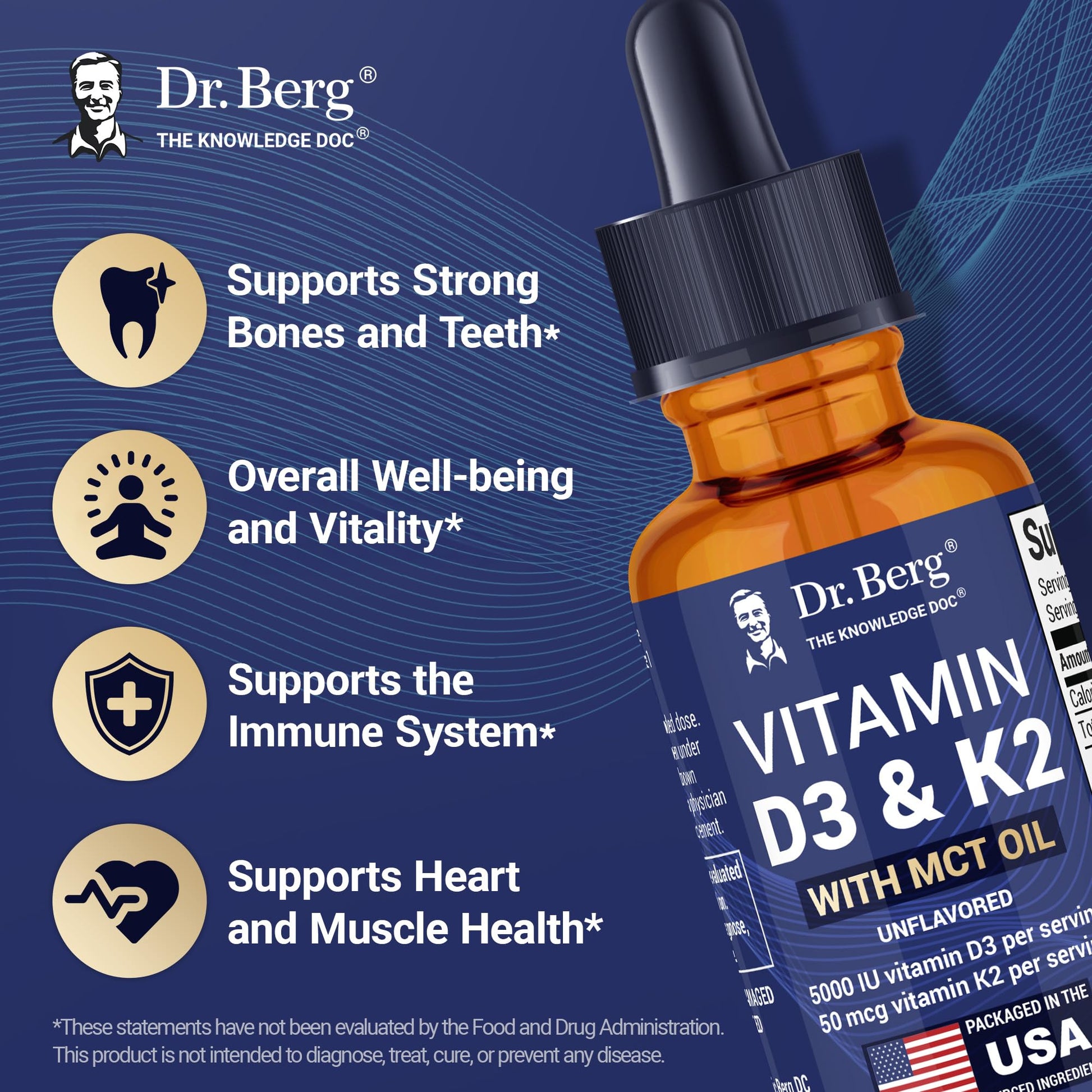 Dr. Berg Maximum Strength Vitamin D3 K2 Liquid Drops with MCT Oil – 5,000 IU Liquid Vitamin D3 with K2 – Supports Strong Bones, Heart, Energy, Immunity, and Overall Vitality* - Unflavored 1 Fl Oz Dr. Berg NutritionalsAu supplements