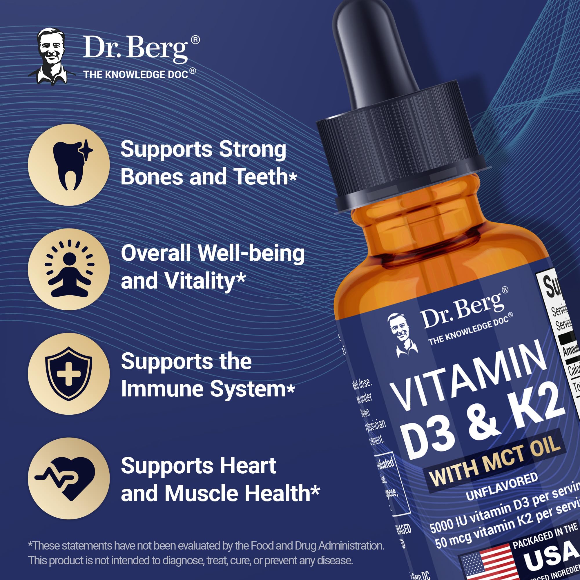 Dr. Berg Maximum Strength Vitamin D3 K2 Liquid Drops with MCT Oil – 5,000 IU Liquid Vitamin D3 with K2 – Supports Strong Bones, Heart, Energy, Immunity, and Overall Vitality* - Unflavored 1 Fl Oz Dr. Berg NutritionalsAu supplements