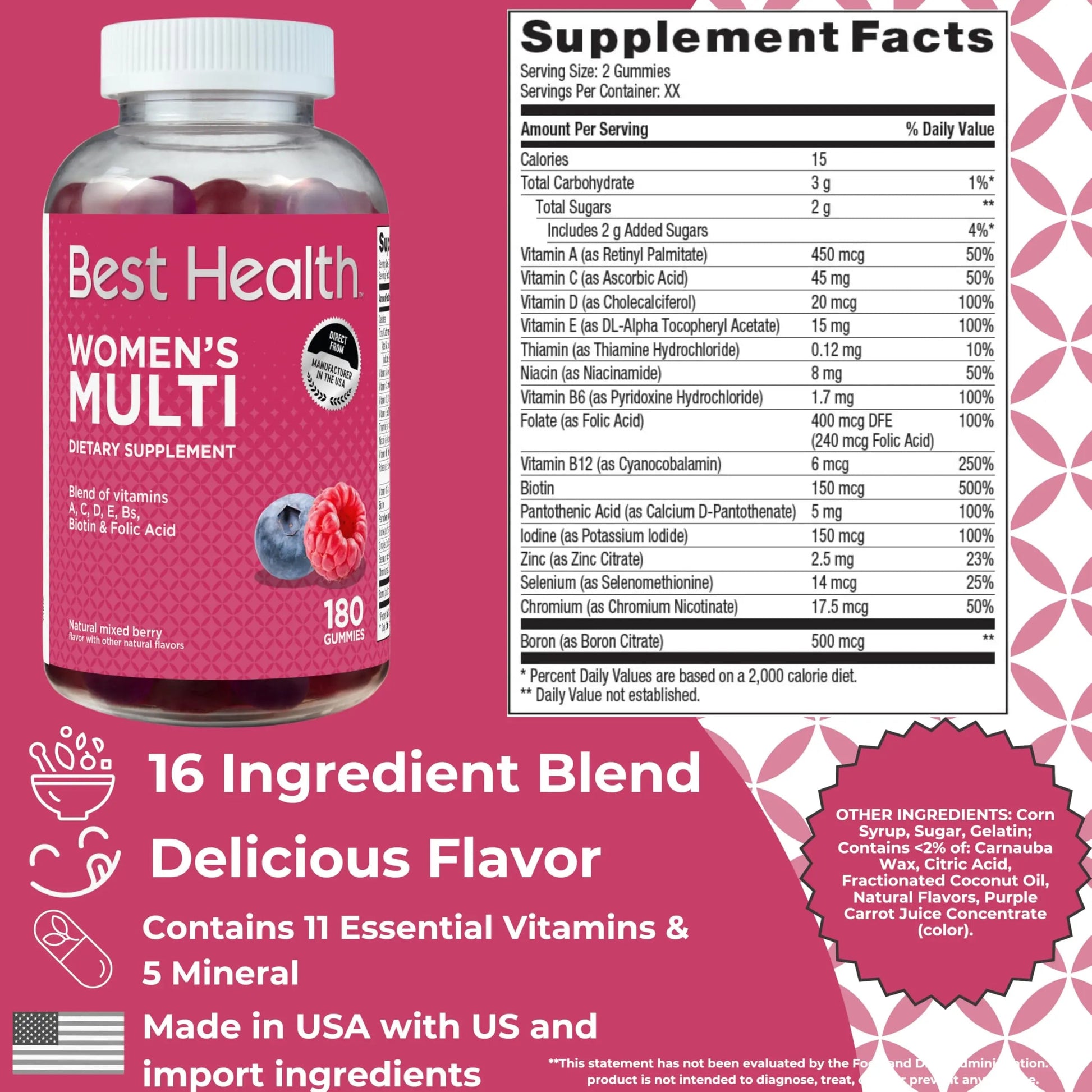 Best Health Women’s Multivitamin Gummies, Multivitamin for Women with Biotin, Folic Acid, Vitamins A,C,D,E,Natural Mixed Berry Flavor (180ct) Best HealthAu supplements