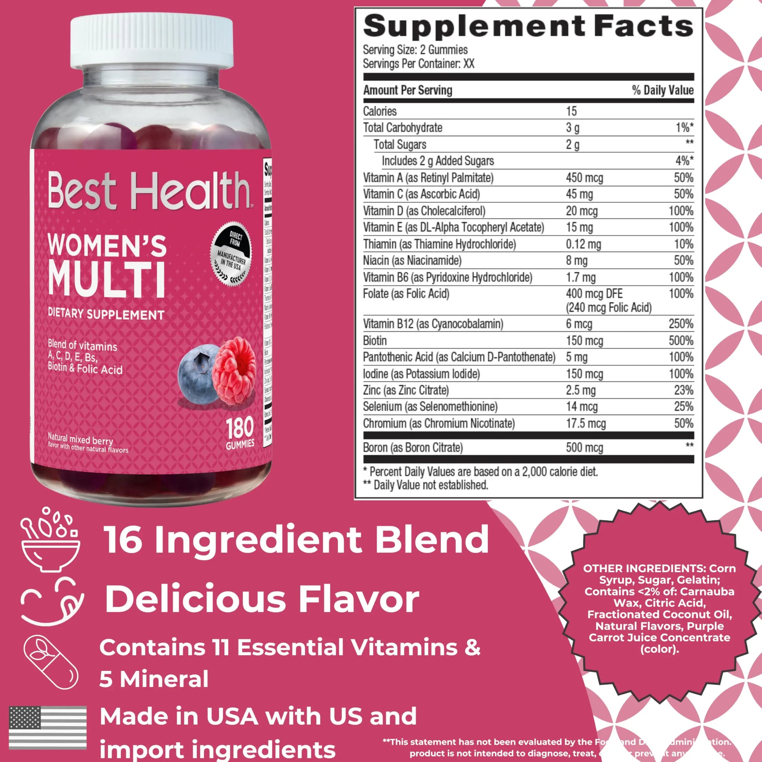Best Health Women’s Multivitamin Gummies, Multivitamin for Women with Biotin, Folic Acid, Vitamins A,C,D,E,Natural Mixed Berry Flavor (180ct) Best HealthAu supplements