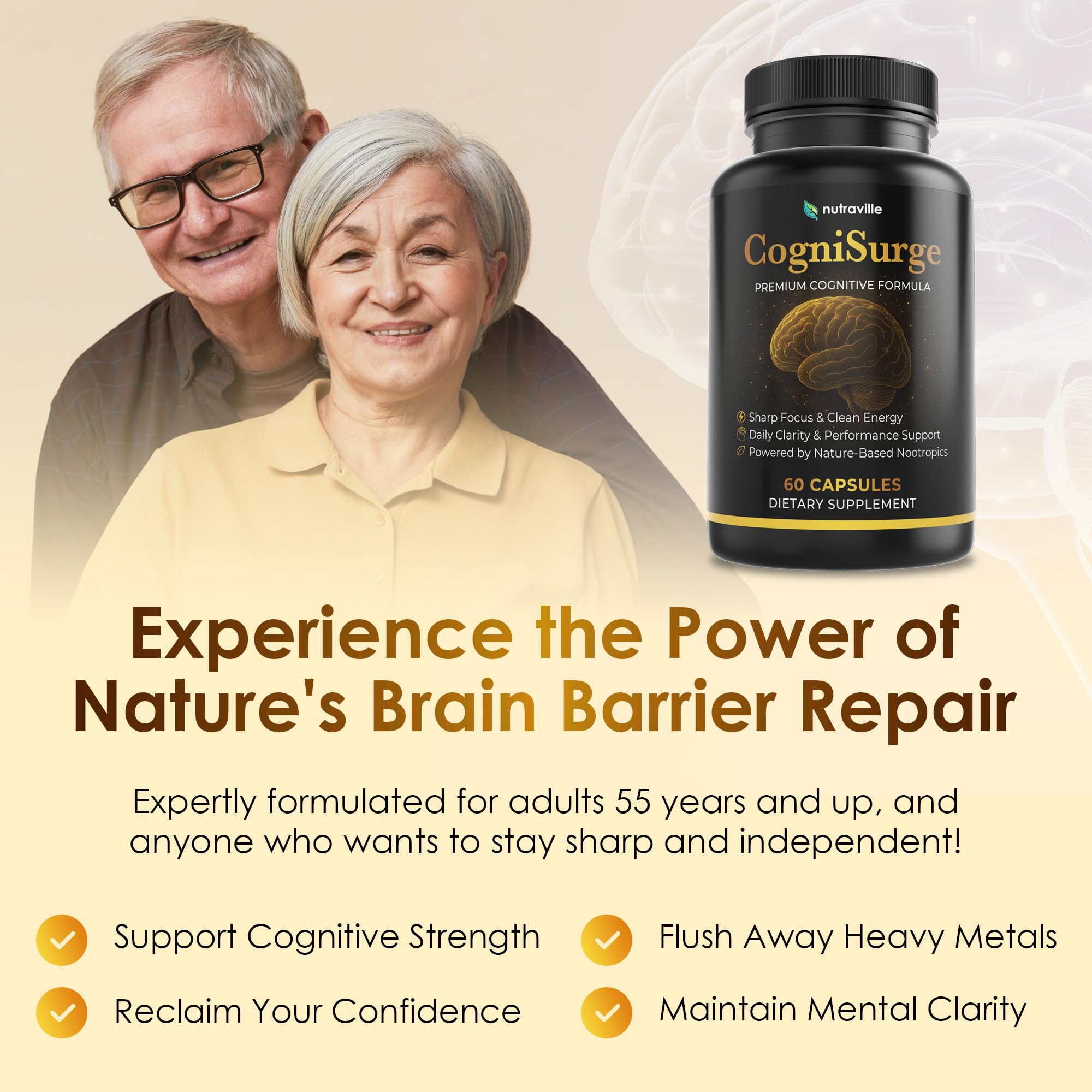 Nutraville CogniSurge Nootropics Brain Support Supplement for Memory and Focus - Nature-Powered Lion's Mane Supplement Capsules with Shilajit - No Caffeine or Stimulants - 30 Servings NutravilleAu supplements