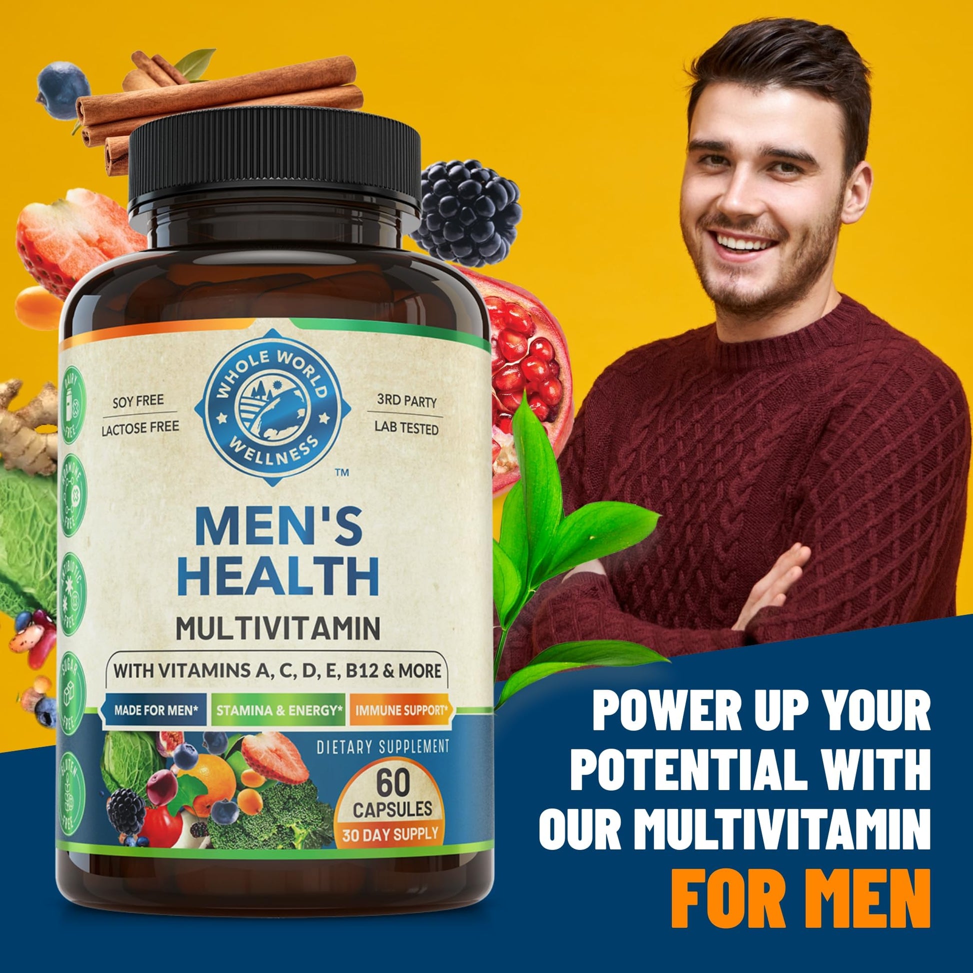 Whole World Wellness Mens Daily Multivitamin Multimineral Supplement for Energy, Focus, Stamina & Performance. Made for Men with 30+ Nutrients, Fruit & Energy Blend. Mens Vitamins, Made in The USA. WHOLE WORLD WELLNESSAu supplements