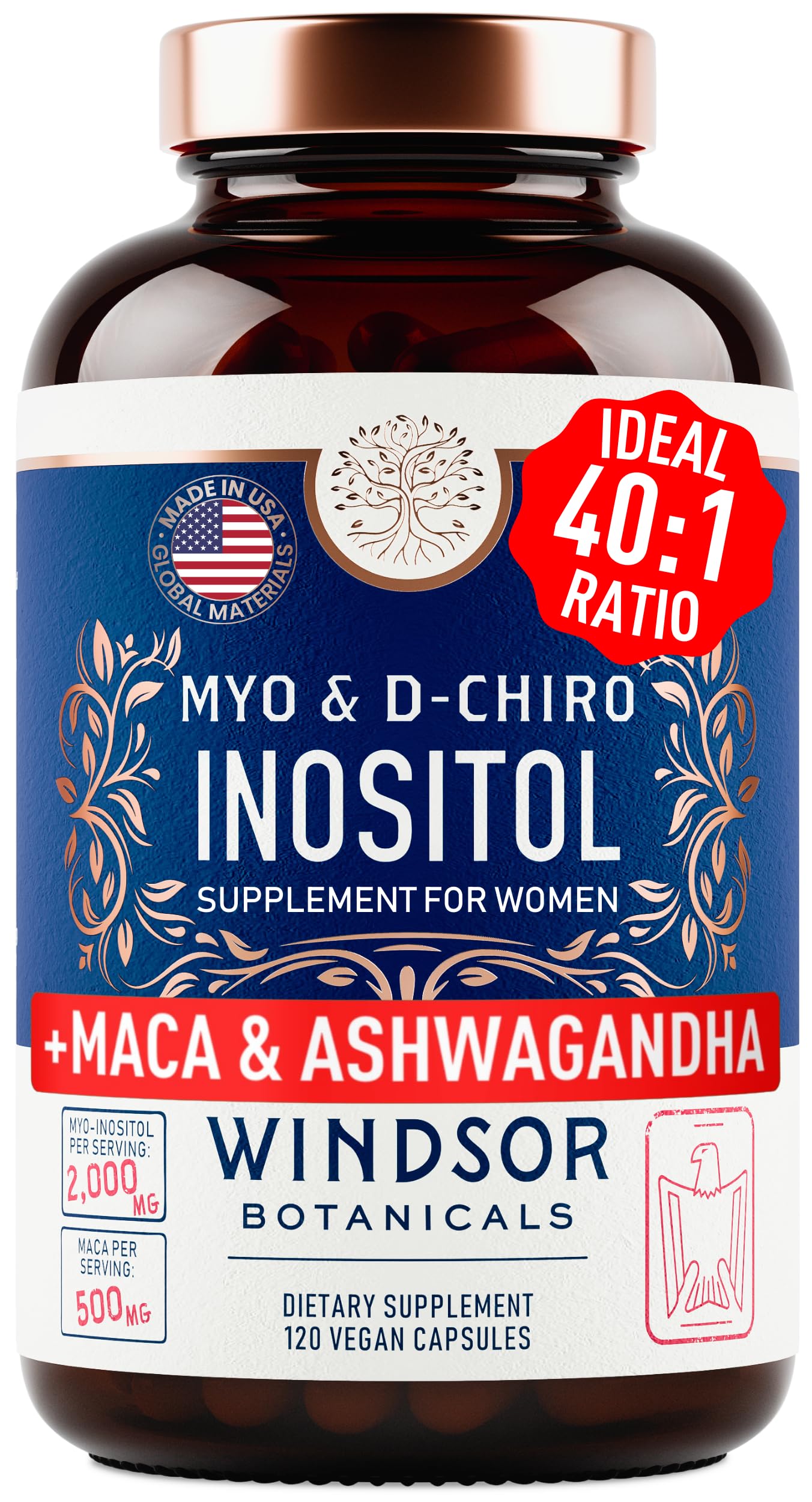 Myo-Inositol & D-Chiro Inositol 40:1 Ratio 2,000 mg - PCOS Supplements with Maca Root & Ashwagandha - Ovarian Health Support Vitamins - Hormone & Fertility Supplements for Women - 120 Vegan Caps WINDSOR BOTANICALSAu supplements