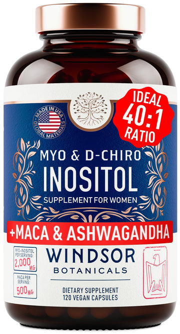 Myo-Inositol & D-Chiro Inositol 40:1 Ratio 2,000 mg - PCOS Supplements with Maca Root & Ashwagandha - Ovarian Health Support Vitamins - Hormone & Fertility Supplements for Women - 120 Vegan Caps WINDSOR BOTANICALSAu supplements