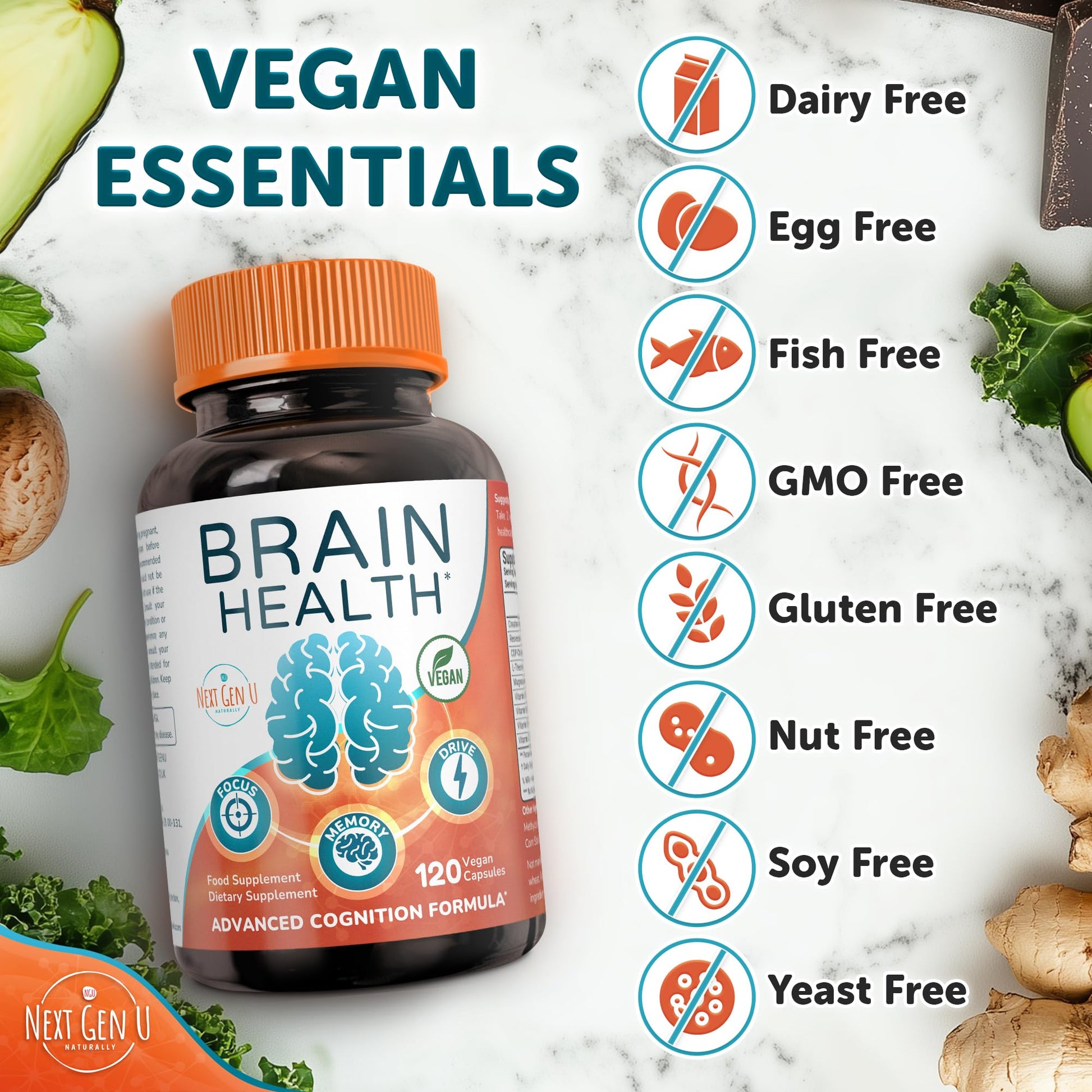 Brain Supplement - 120 Vegan Capsules - Dietary Nootropic May Help Memory, Cognitive Function & Focus - Formulation with Amino Acids, Polyphenols & B Vitamins - for Women, Men & Seniors - by NextGenU NGU Next Gen UAu supplements