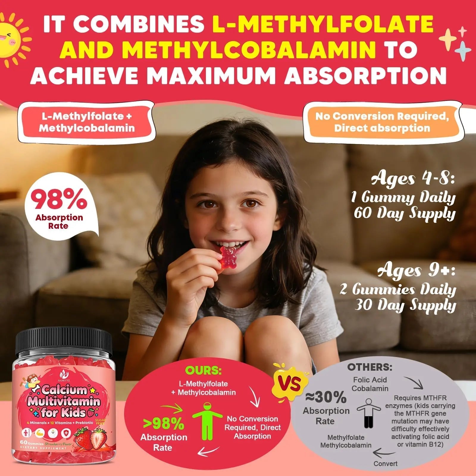 (2 Pack) Sugar Free Calcium Multivitamin Gummies for Kids - Nutritional, Immune, Bone Support, Whole Multivitamin, with Vitamins A, C, D, B1, B2, B6 JIANKYTZAu supplements