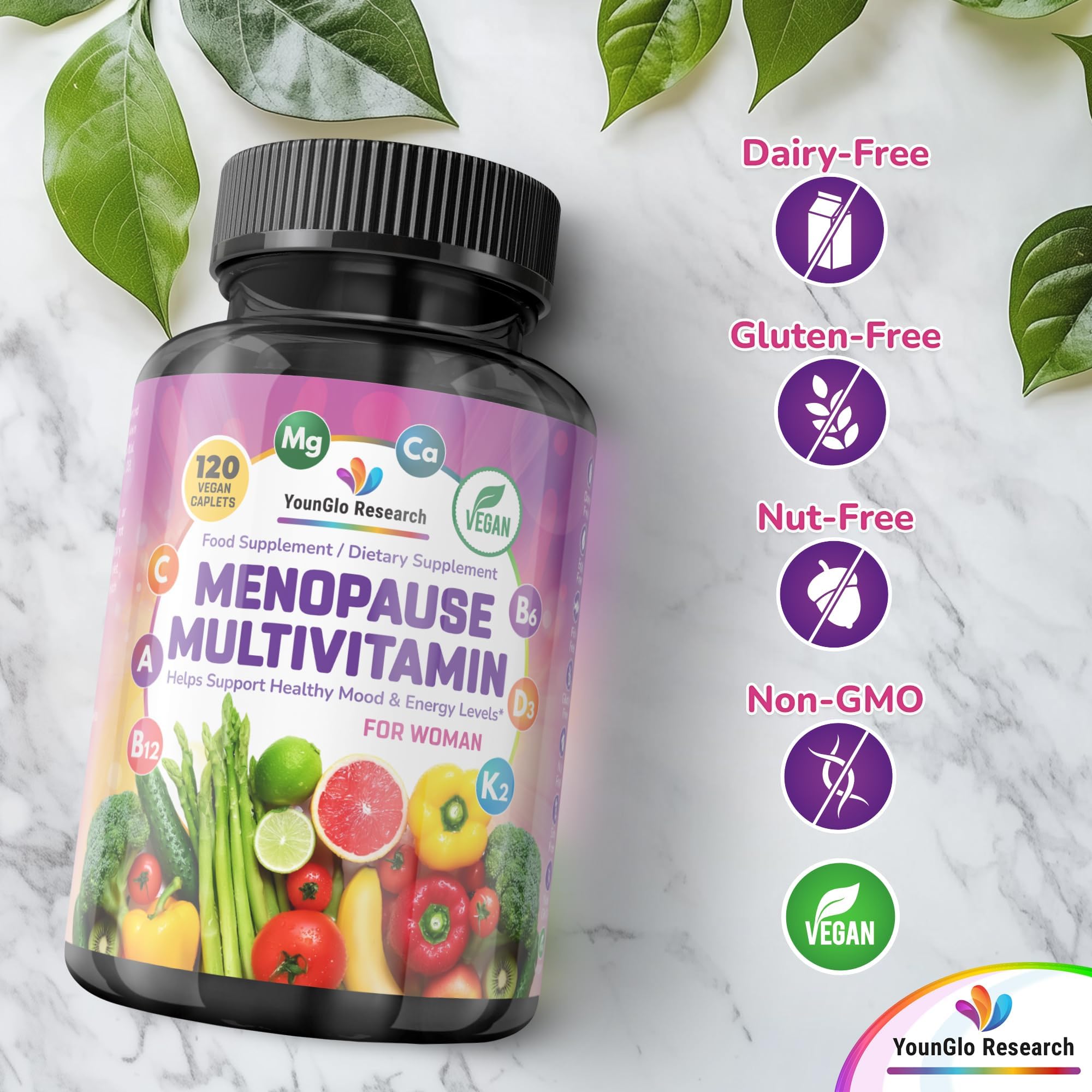 YounGlo Research Menopause Supplement - 120 Vegan Caplets - Menopause & Perimenopause Relief Support - Food and Dietary Vitamins - Multivitamin for Women YounGlo ResearchAu supplements