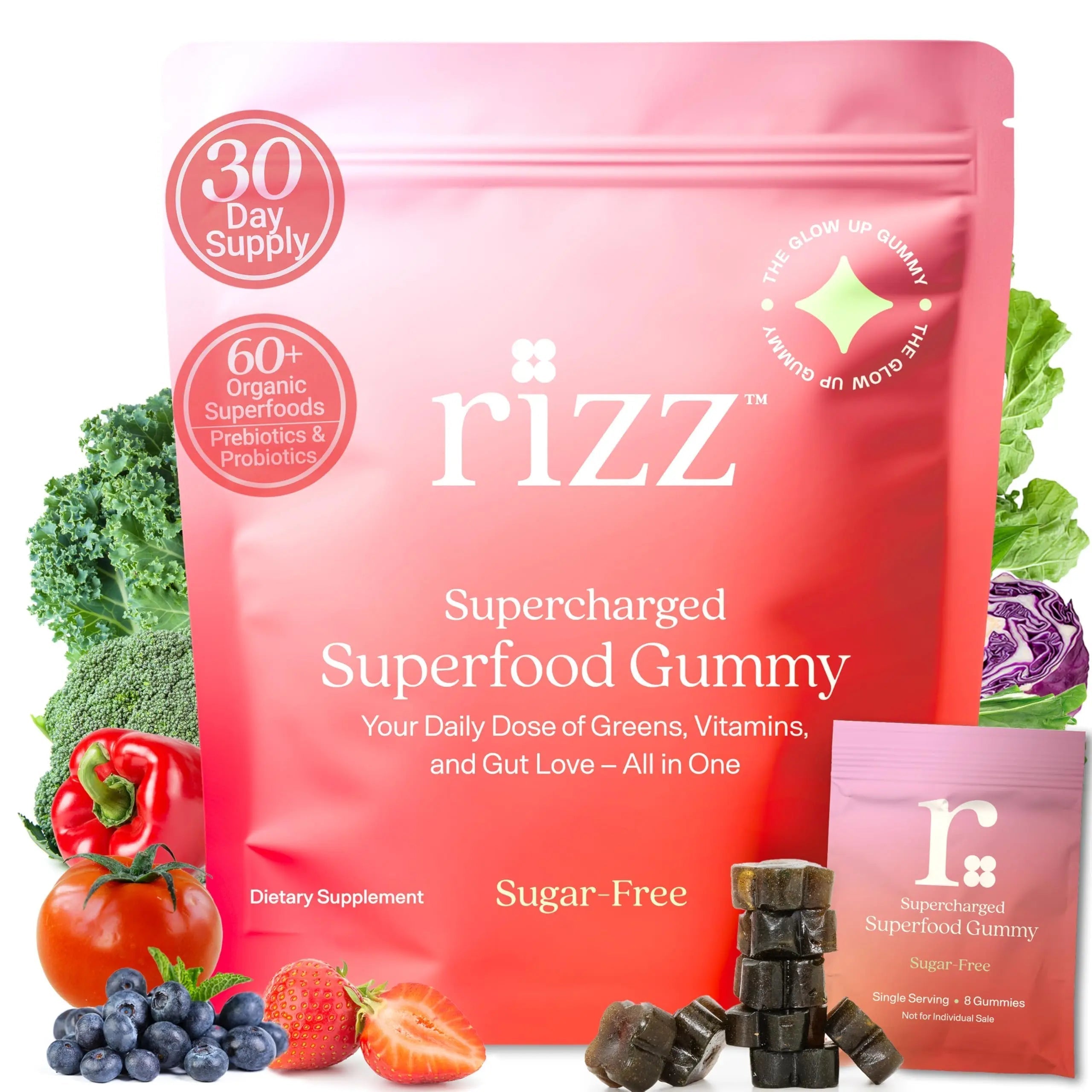 Rizz Sugar-Free Green Gummies - 60+ Superfoods 6g Fiber - Prebiotic and Probiotic Gummies - Vegan Multivitamins for Women & Men RizzAu supplements