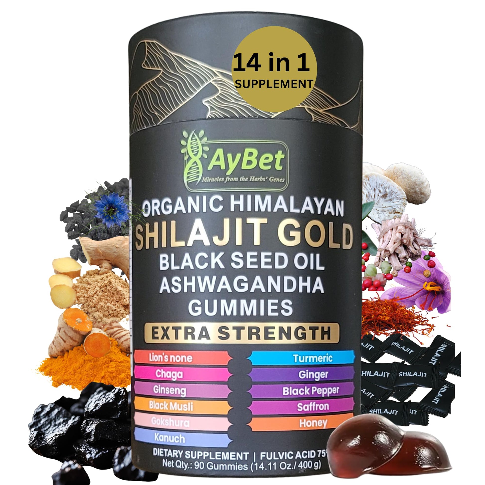 AyBet Organic Himalayan Shilajit Gold Gummies for Men and Women, Black Seed Oil, Ashwagandha, Ginseng, Turmeric, Gokshura, Lion's None, Lab Tested,%75 Fulvic Acid, No Sugar Added, Halal, 90Gummy AyBetAu supplements