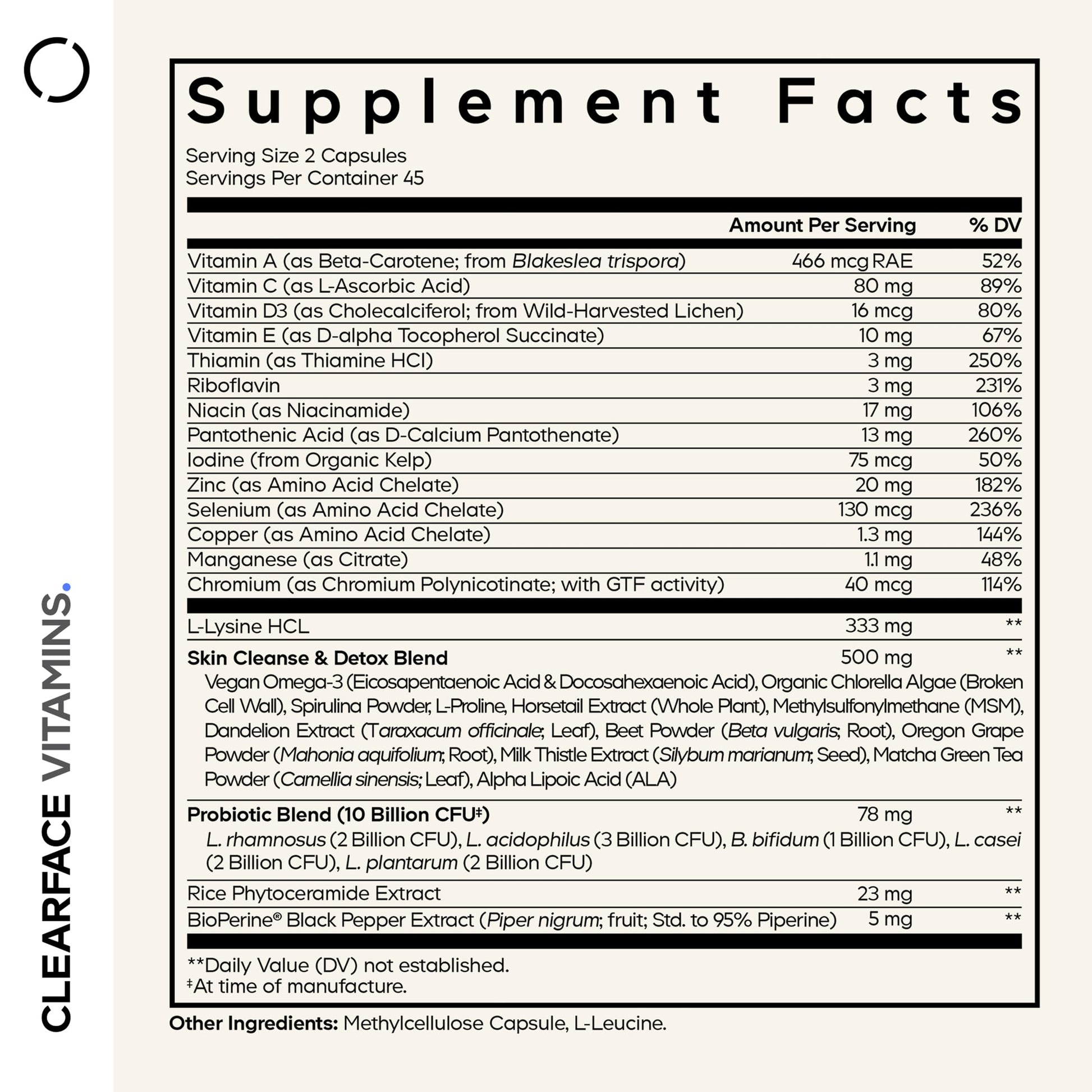 Codeage Clearface Pantothenic Acid, Niacin Supplement, Vitamins A, C, D3, E, Probiotics, Zinc, Riboflavin, Thiamin, L-Lysine HCL & Omega-3, Niacinamide, Skin Botanical Blend - Non-GMO - 90 Capsules CodeageAu supplements