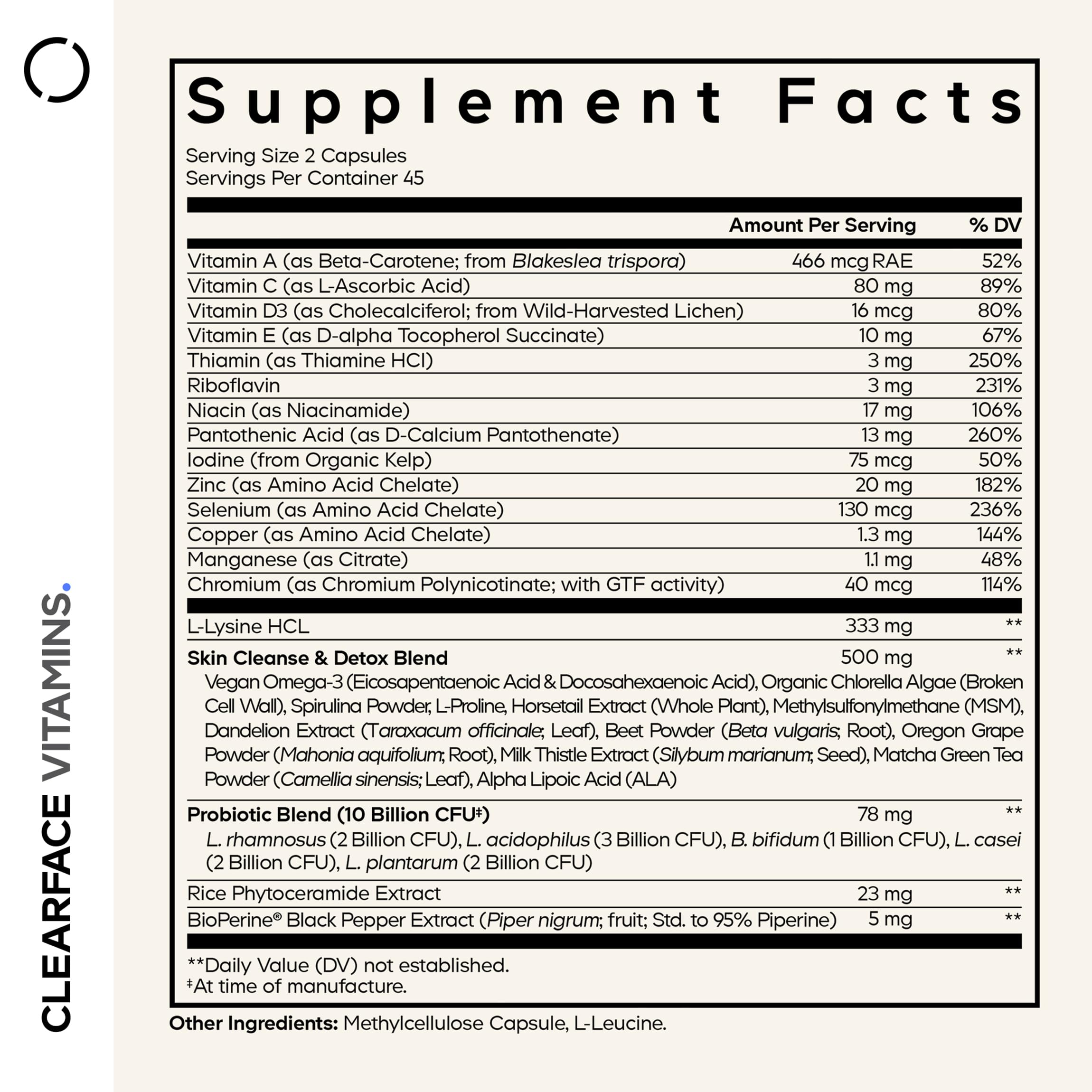 Codeage Clearface Pantothenic Acid, Niacin Supplement, Vitamins A, C, D3, E, Probiotics, Zinc, Riboflavin, Thiamin, L-Lysine HCL & Omega-3, Niacinamide, Skin Botanical Blend - Non-GMO - 90 Capsules CodeageAu supplements
