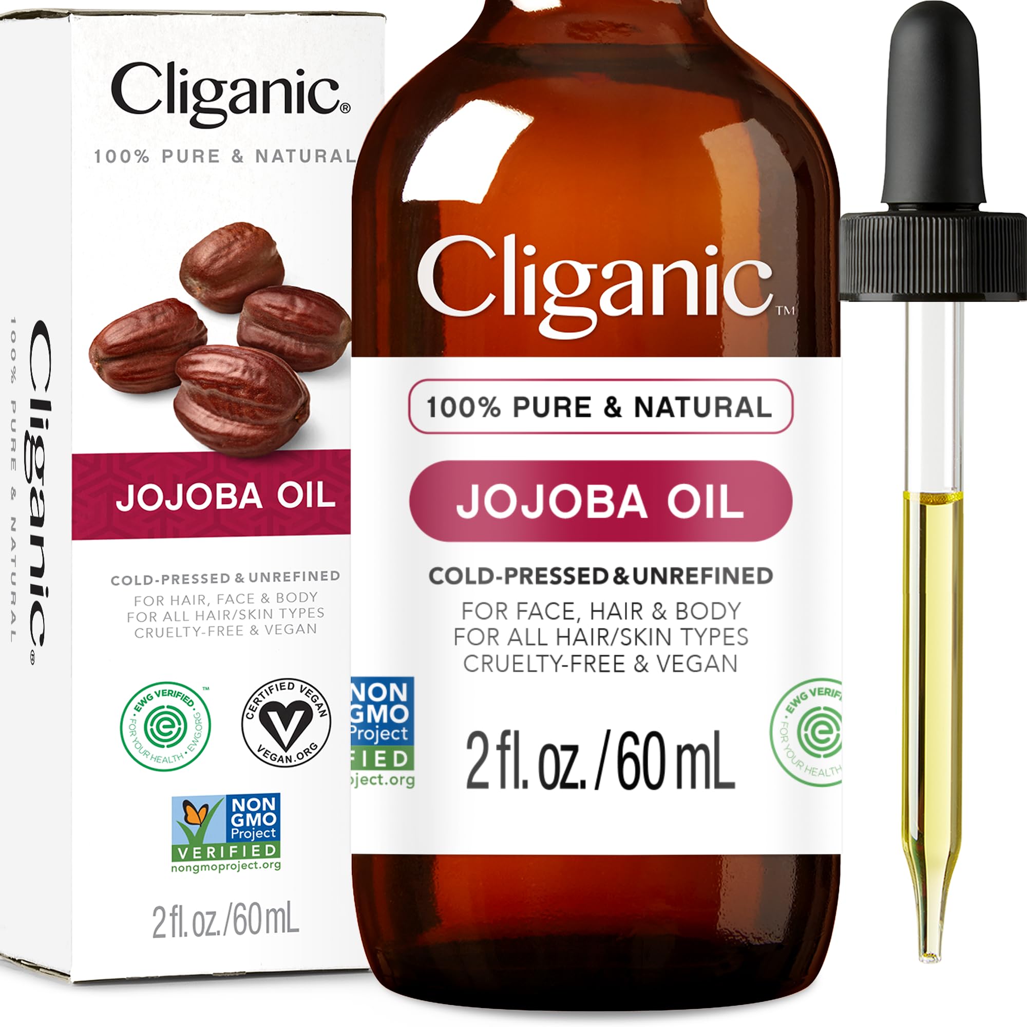 Cliganic Non-GMO Jojoba Oil for Skin, Hair & Face (2oz) | 100% Pure, Natural Cold Pressed Unrefined CliganicAu supplements