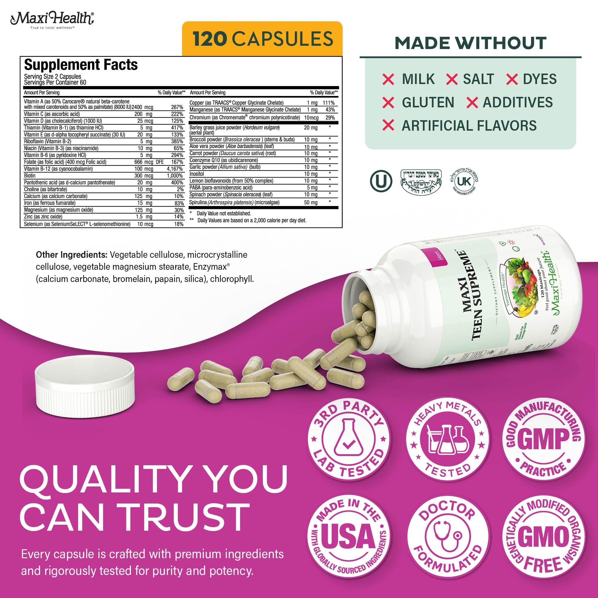 Teen Vitamins for Girls 12-17 - Teen Multivitamin D3, Iron, Calcium, Biotin, Zinc, Digestive Enzymes – Teenager Girl Multi Vitamins Maxi HealthUS supplements