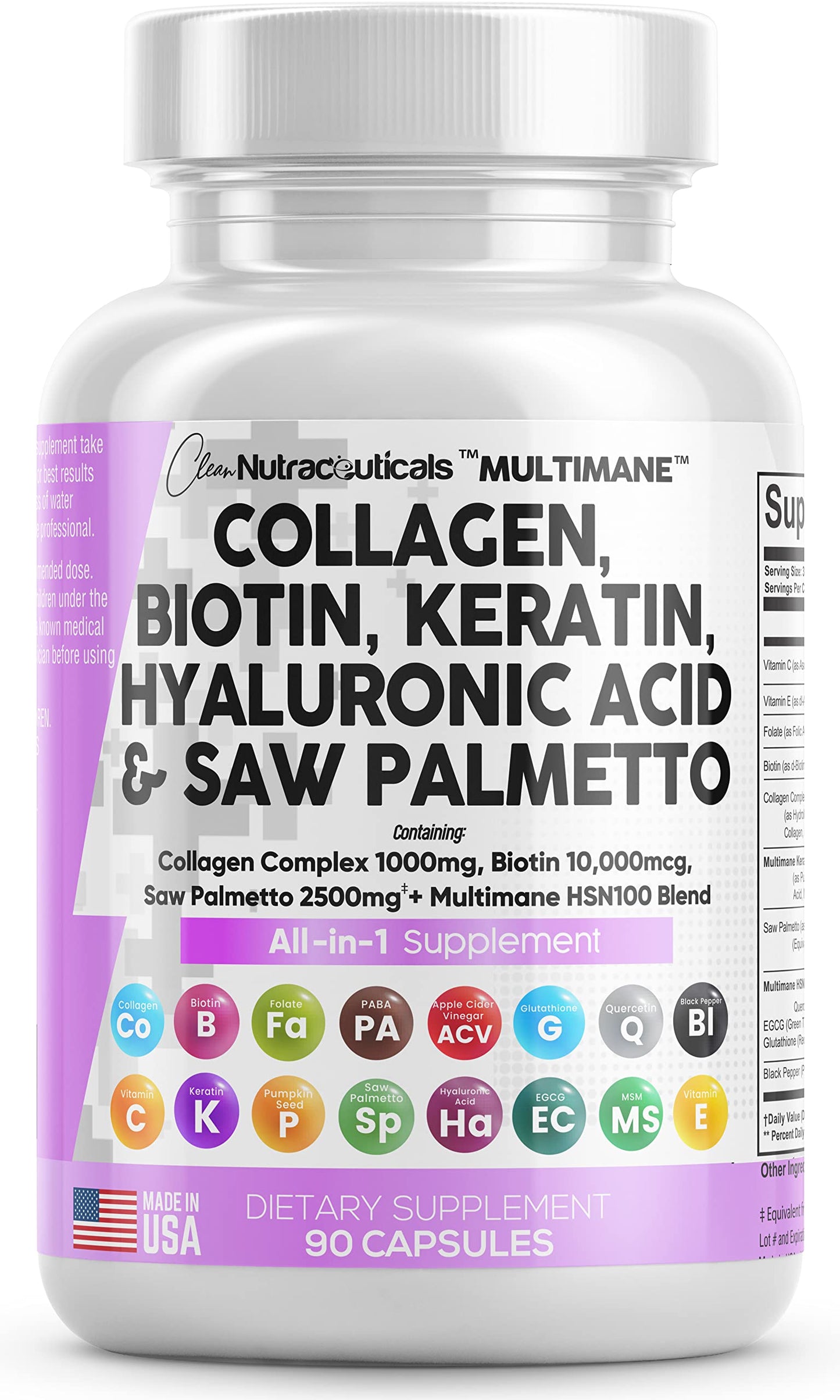 Collagen Pills 1000mg Biotin 10000mcg Keratin Saw Palmetto 2500mg 90 Ct Clean NutraceuticalsUS supplements