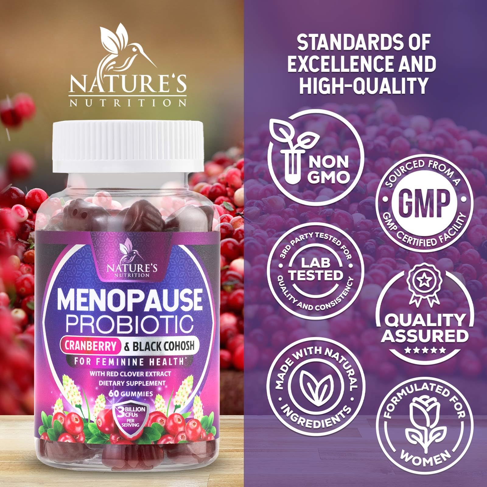 Menopause Supplement Gummies - 3 Billion CFU Women's Probiotics - Advanced Menopause Relief Formula for Women with Black Cohosh & Red Clover - Mild Hot Flashes & Night Sweats Support - 60 Gummies Nature's NutritionAu supplements