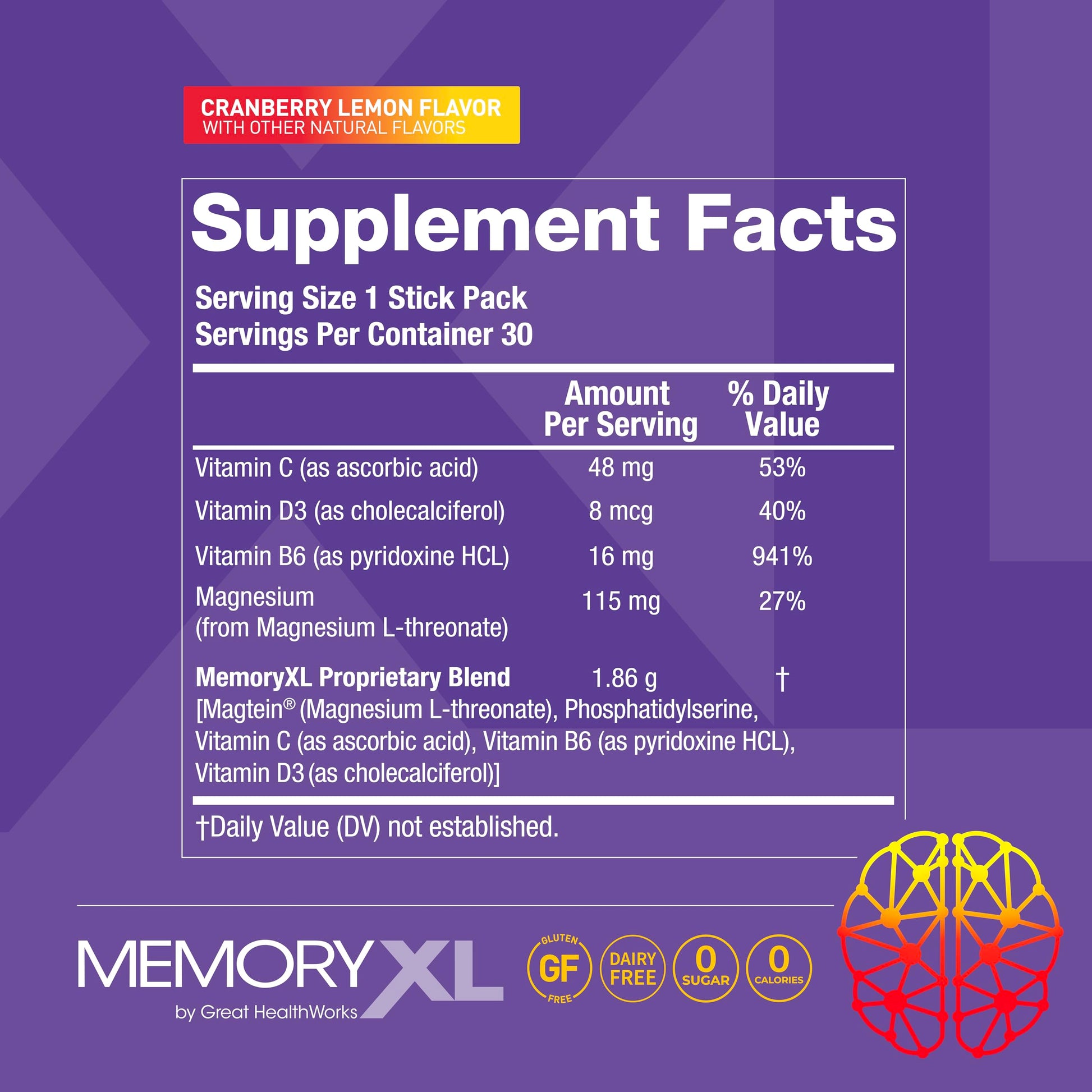 MemoryXL, Magnesium L-Threonate: Brain Supplement for Memory & Focus; Magtein®, Phosphatidylserine, Vitamin Mix. Improves Memory Focus Attention Learning & Logic. 0 Sugar, 0 cal, 30pk Cranberry Lemon OmegaXLAu supplements