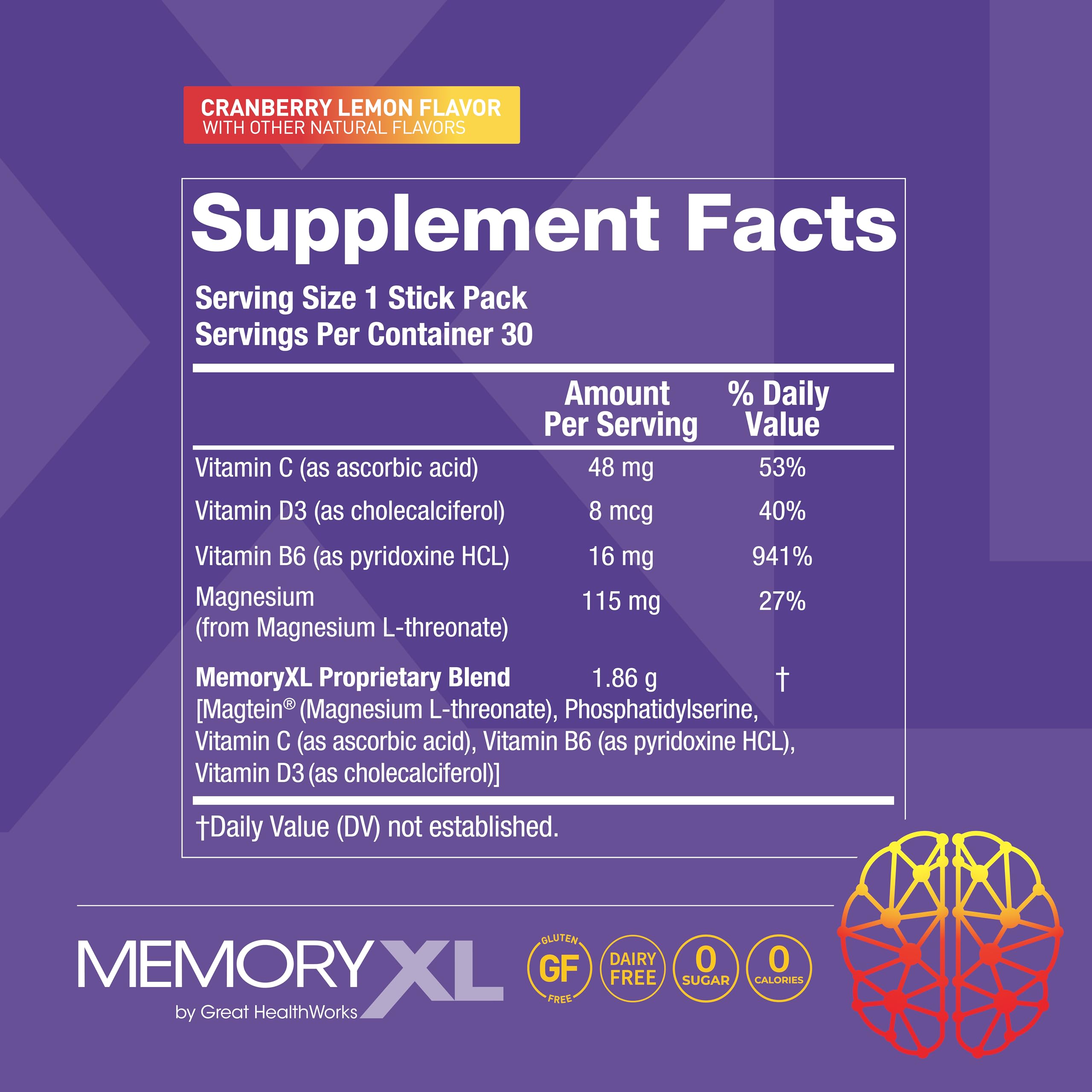 MemoryXL, Magnesium L-Threonate: Brain Supplement for Memory & Focus; Magtein®, Phosphatidylserine, Vitamin Mix. Improves Memory Focus Attention Learning & Logic. 0 Sugar, 0 cal, 30pk Cranberry Lemon OmegaXLAu supplements