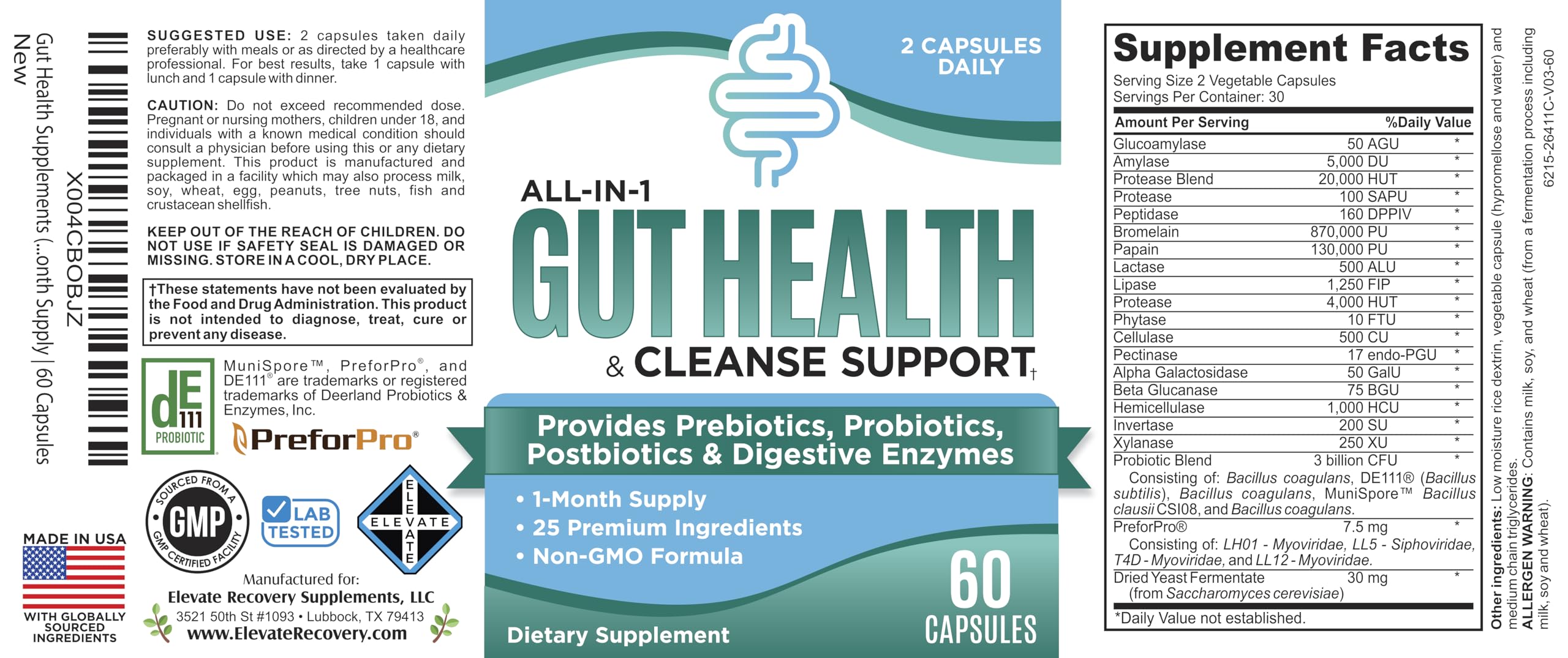 Gut Health Support Supplement (25-in-1) with Prebiotics, Probiotics, Postbiotics & Digestive Enzymes | Gut Supplements | 60 Capsules Elevate Recovery SupplementsAu supplements