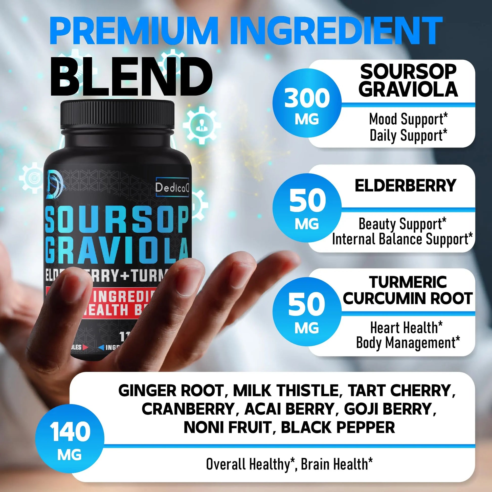 DEDICAD 11in1 Graviola Soursop Capsules for 5 Months Supply with Soursop Fruit, Elderberry, Turmeric, Ginger, Milk Thistle, Cranberry & More - Mood - 150 Vegan Capsules DEDICADnz supplements