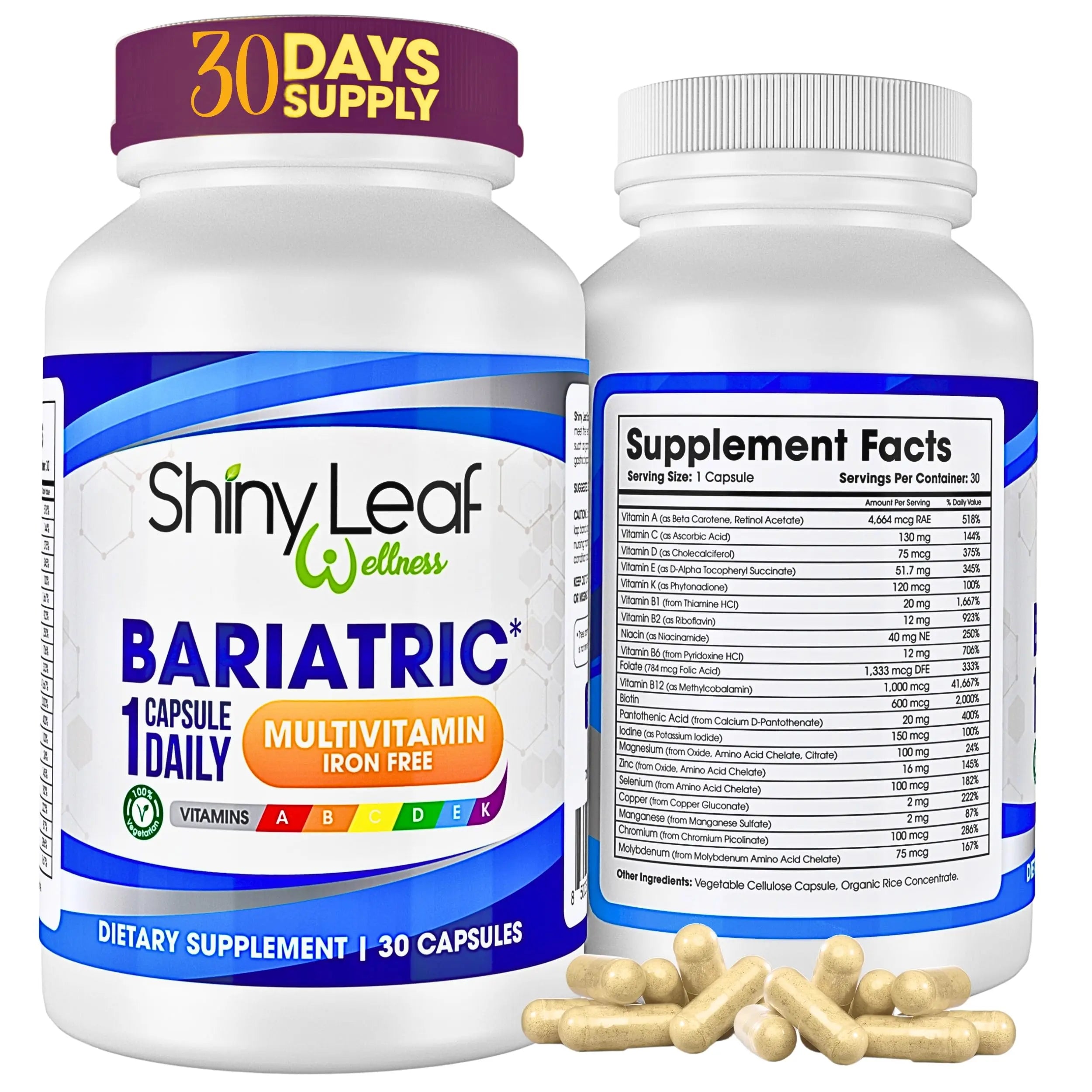 Bariatric Multivitamin Iron-Free One Capsule Per Day and CoQ10 100mg Supplement for Brain Health and Energy Management for Women and Men - 1 Month Supply Shiny LeafAu supplements