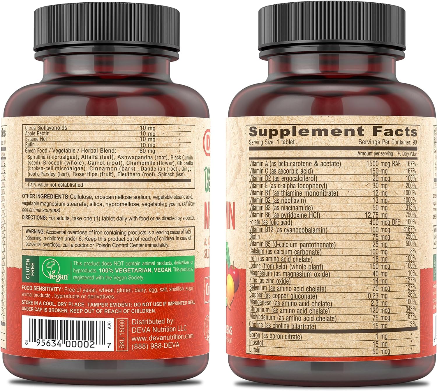 DEVA Vegan Multivitamin & Mineral Supplement with Iron 2-Pack, Spirulina, Chlorella, Ashwagandha, Broccoli & More, 90 Coated Tablets Each DEVAAu supplements